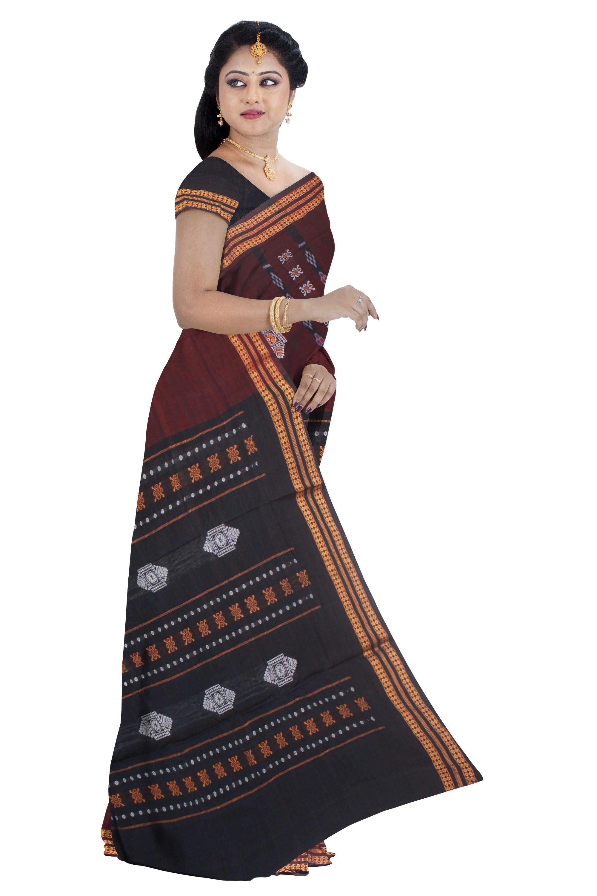 SAMBALPURI BOMKEI PATTERN FLOWER PRINT COTTON SAREE IN DARK BROWN COLOR WITH BLOUSE PIECE. - Koshali Arts & Crafts Enterprise