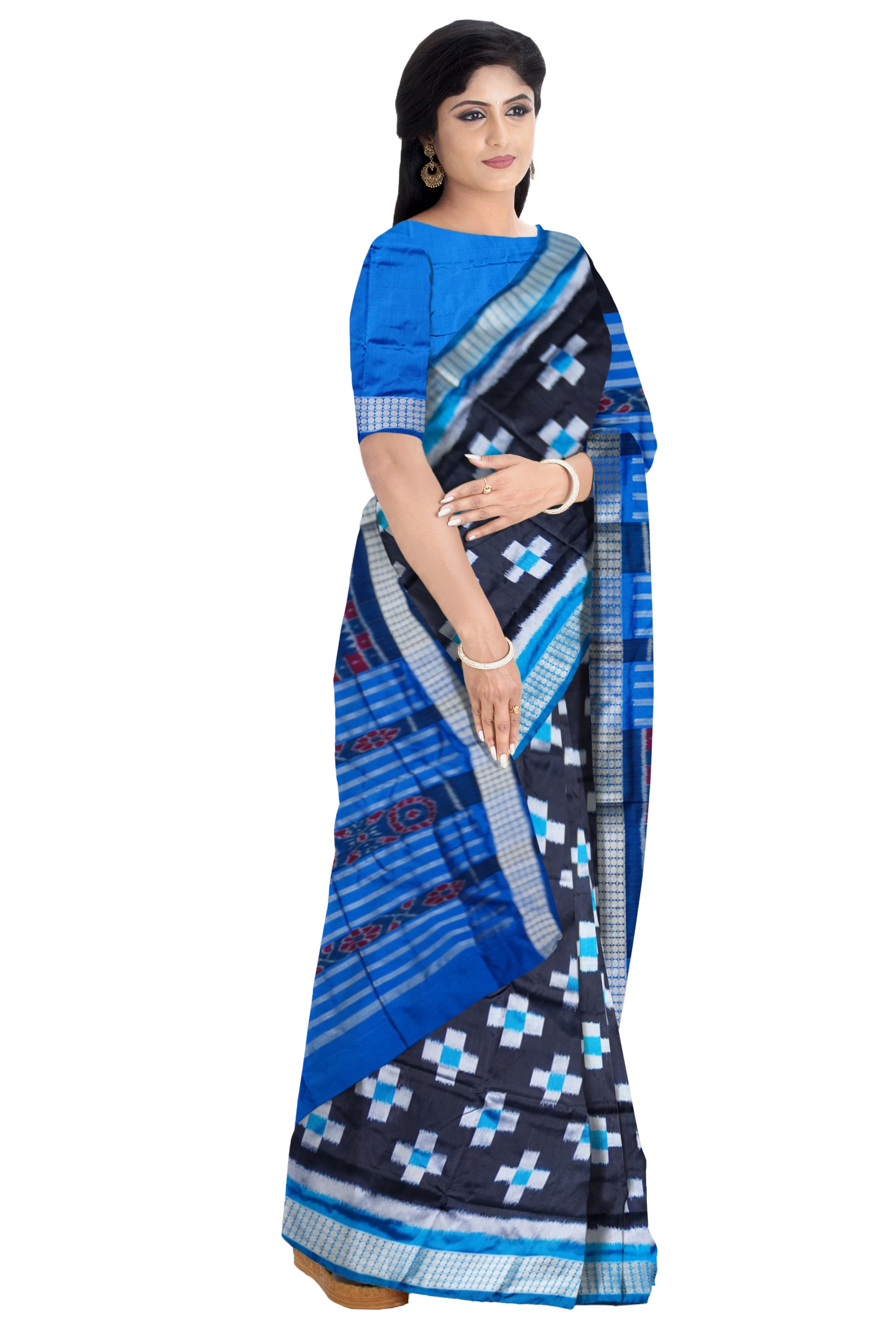 FULL BODY HAVE BLACK AND PALLU IS SKY COLOR BASE PASAPALI PATTERN PATA SAREE.COMES WITH MATCHING BLOUSE PIECE. - Koshali Arts & Crafts Enterprise