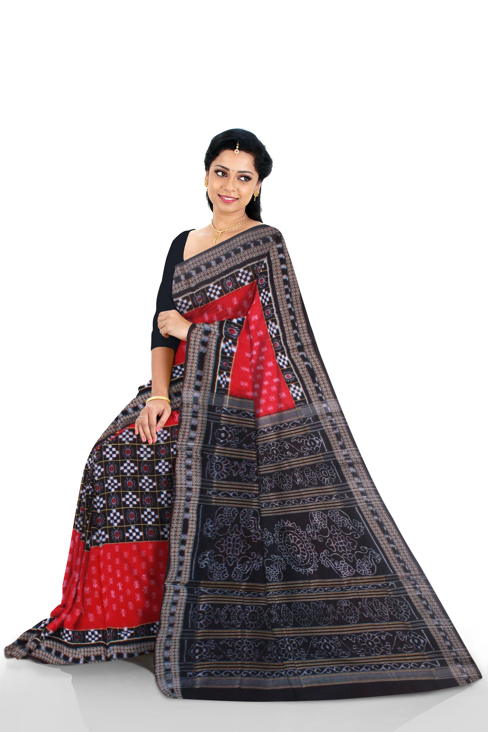 LATEST PASAPALI PATTERN RED AND BLACK COLOR COTTON SAREE, WITHOUT BLOUSE PIECE. - Koshali Arts & Crafts Enterprise
