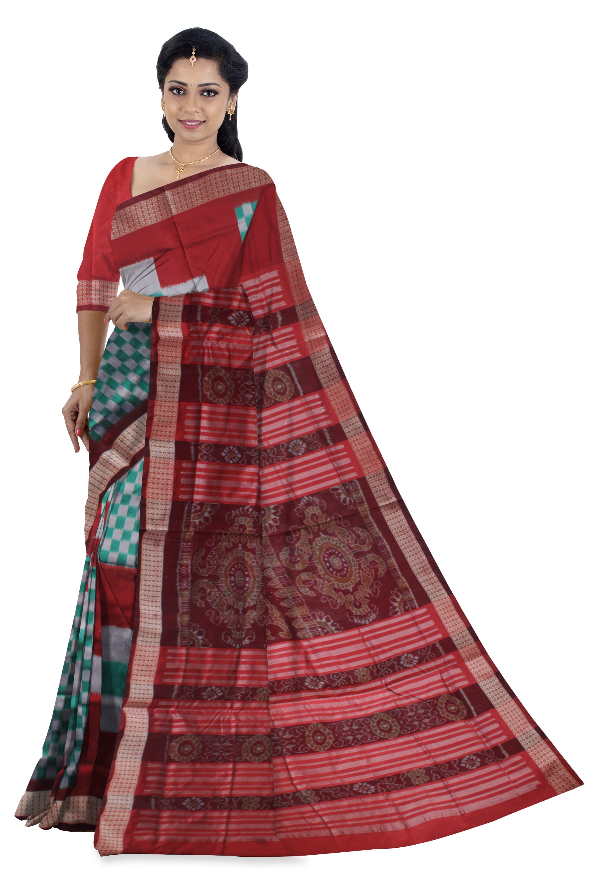 TURQUOISE AND MAROON COLOR BIG PASAPALI DESIGN PATA SAREE,COMES WITH MATCHING BLOUSE PIECE. - Koshali Arts & Crafts Enterprise