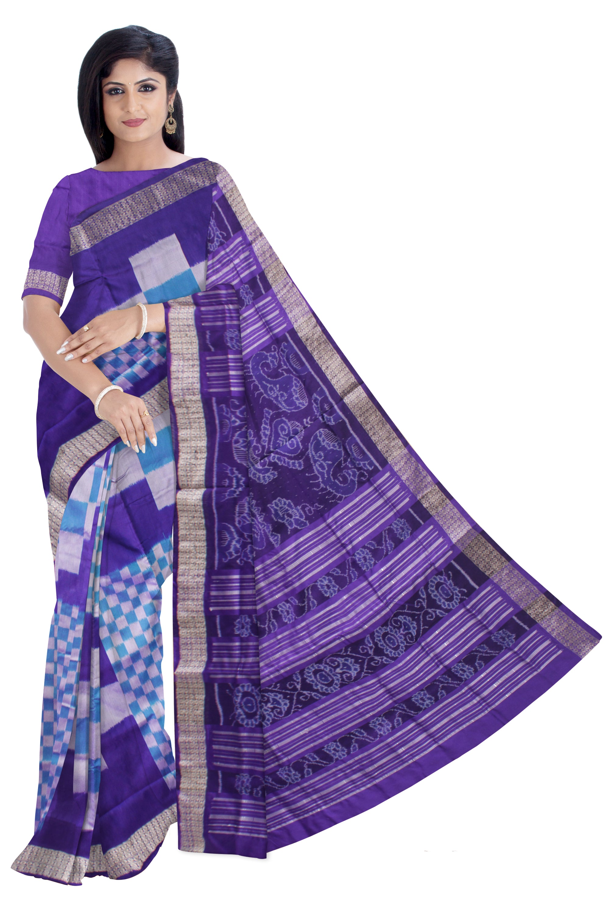 FULL BODY BIG PASAPALI PATTERN PATA SAREE IS SKY AND PURPLE COLOR BASE,COMES WITH MATCHING BLOUSE PIECE. - Koshali Arts & Crafts Enterprise