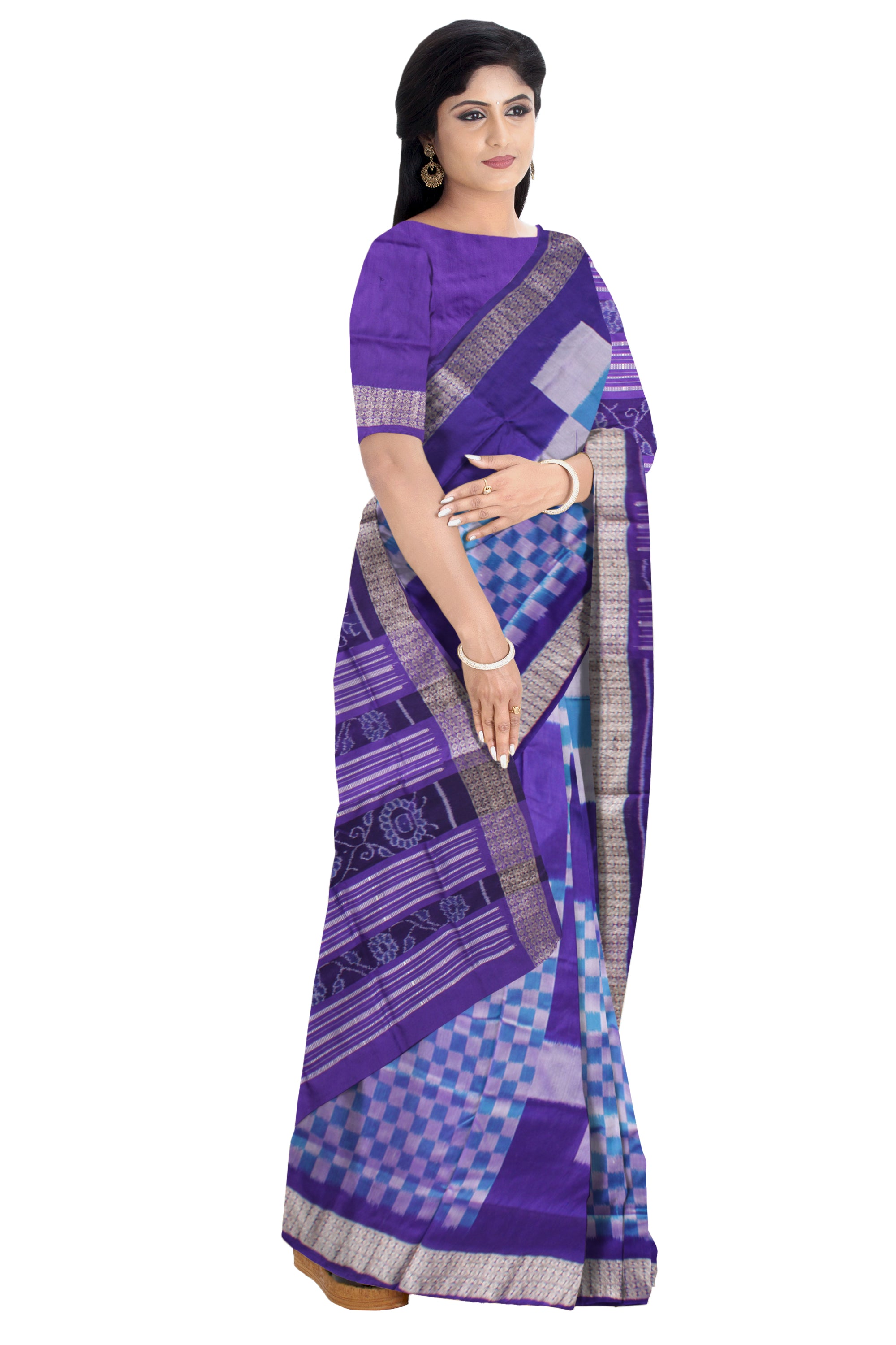 FULL BODY BIG PASAPALI PATTERN PATA SAREE IS SKY AND PURPLE COLOR BASE,COMES WITH MATCHING BLOUSE PIECE. - Koshali Arts & Crafts Enterprise