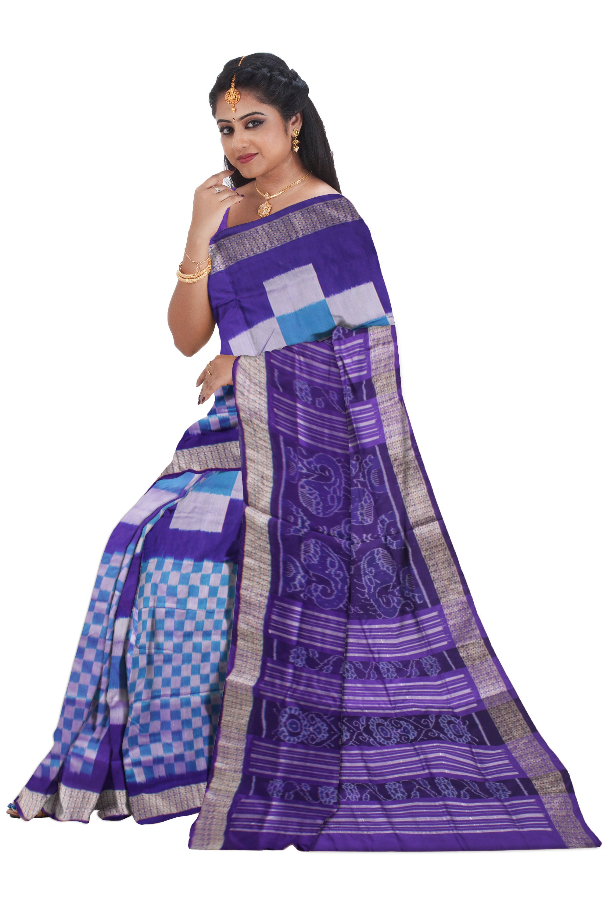 FULL BODY BIG PASAPALI PATTERN PATA SAREE IS SKY AND PURPLE COLOR BASE,COMES WITH MATCHING BLOUSE PIECE. - Koshali Arts & Crafts Enterprise