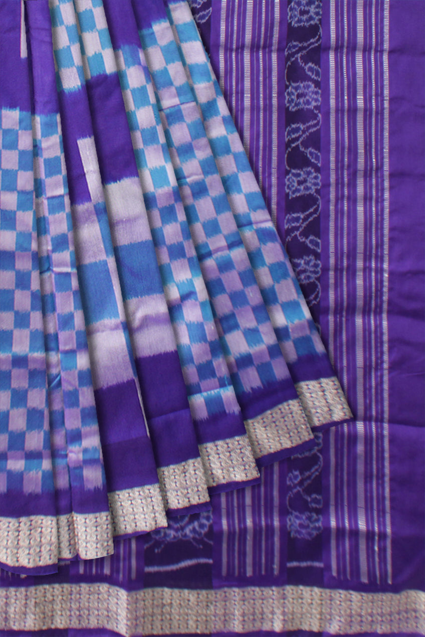 FULL BODY BIG PASAPALI PATTERN PATA SAREE IS SKY AND PURPLE COLOR BASE,COMES WITH MATCHING BLOUSE PIECE. - Koshali Arts & Crafts Enterprise