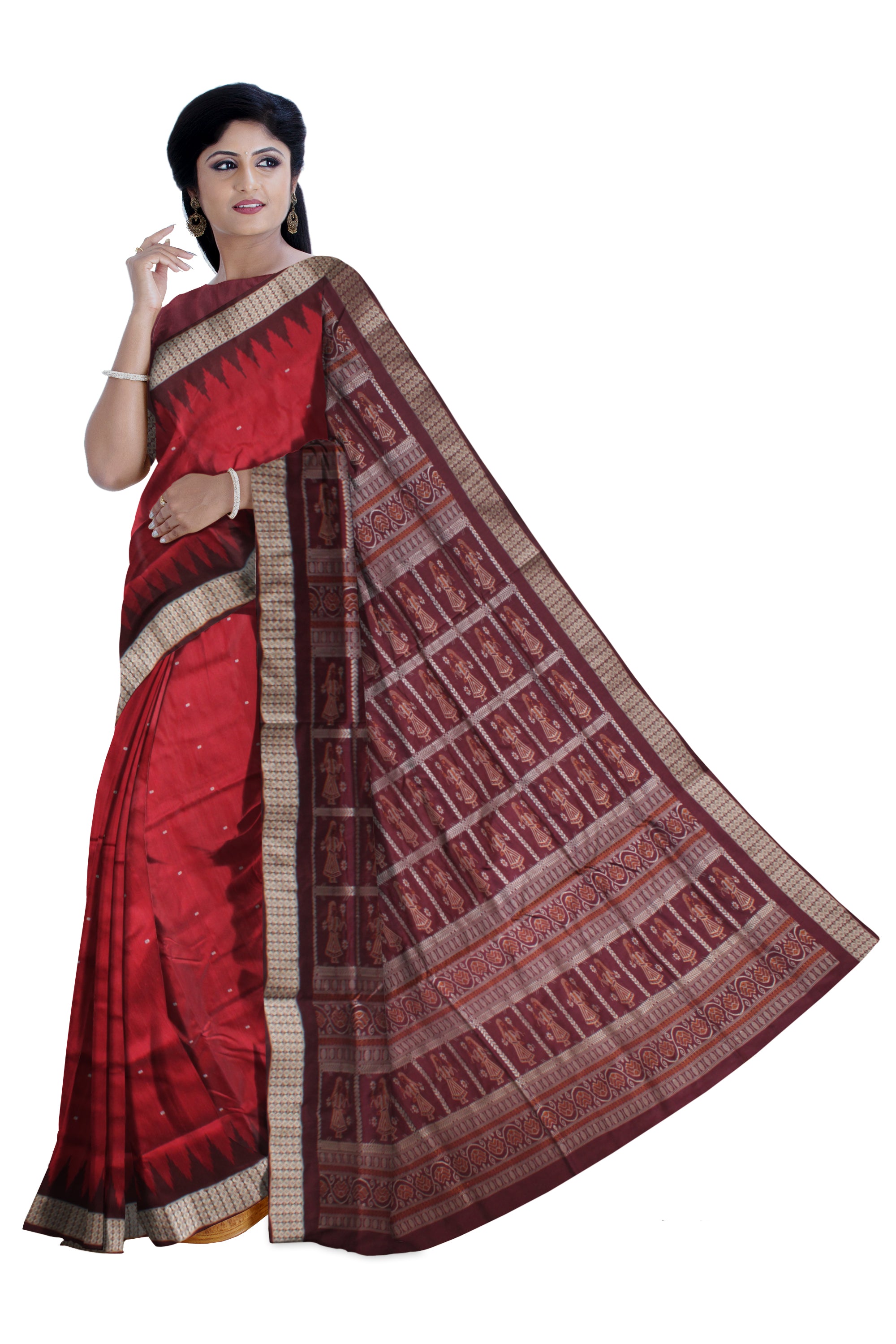 PALLU DOLL PRINT AND BODY SMALL BOOTY PATTERN PATA SAREE IS MAROON AND COFFEE COLOR BASE,WITH BLOUSE PIECE. - Koshali Arts & Crafts Enterprise