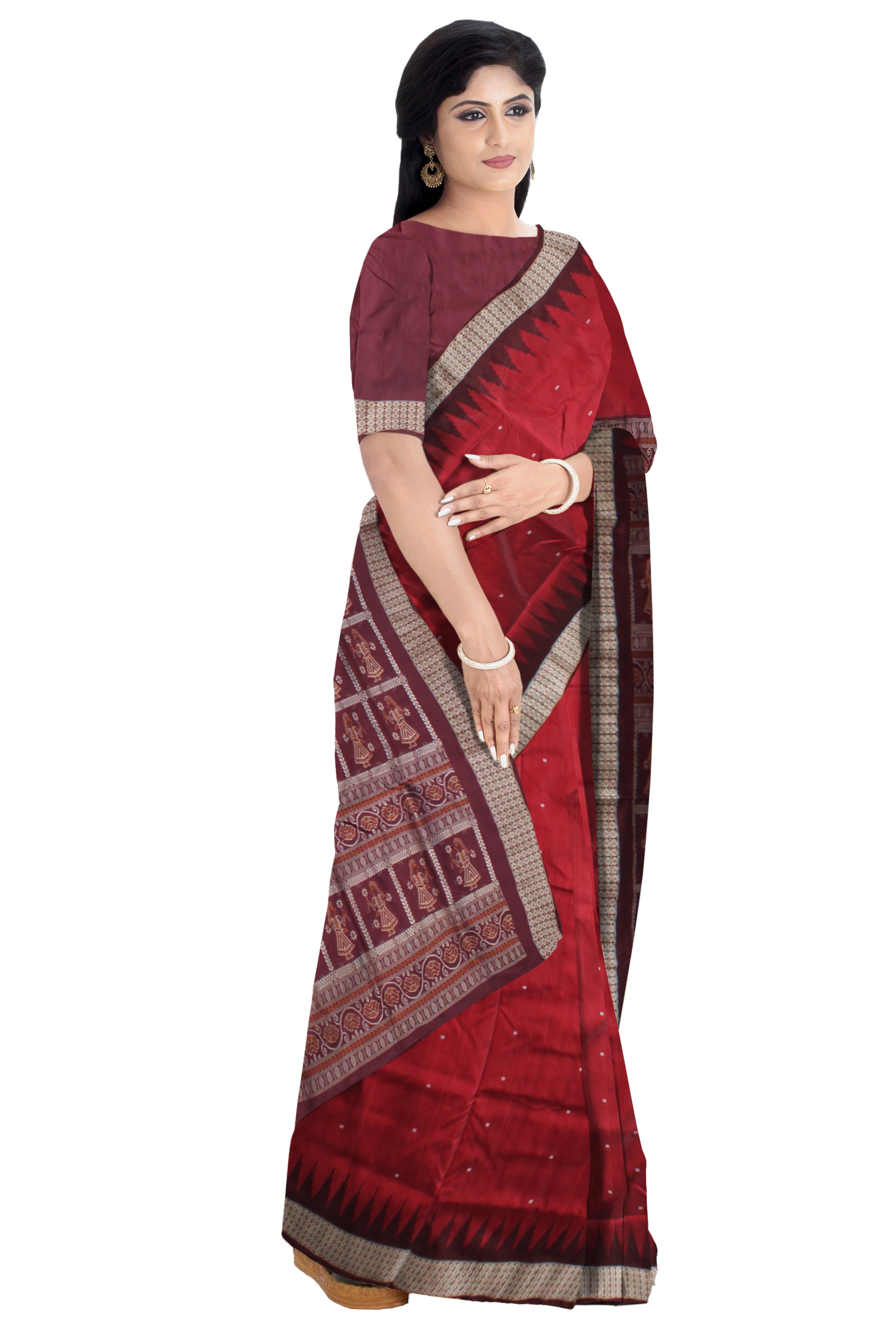 PALLU DOLL PRINT AND BODY SMALL BOOTY PATTERN PATA SAREE IS MAROON AND COFFEE COLOR BASE,WITH BLOUSE PIECE. - Koshali Arts & Crafts Enterprise