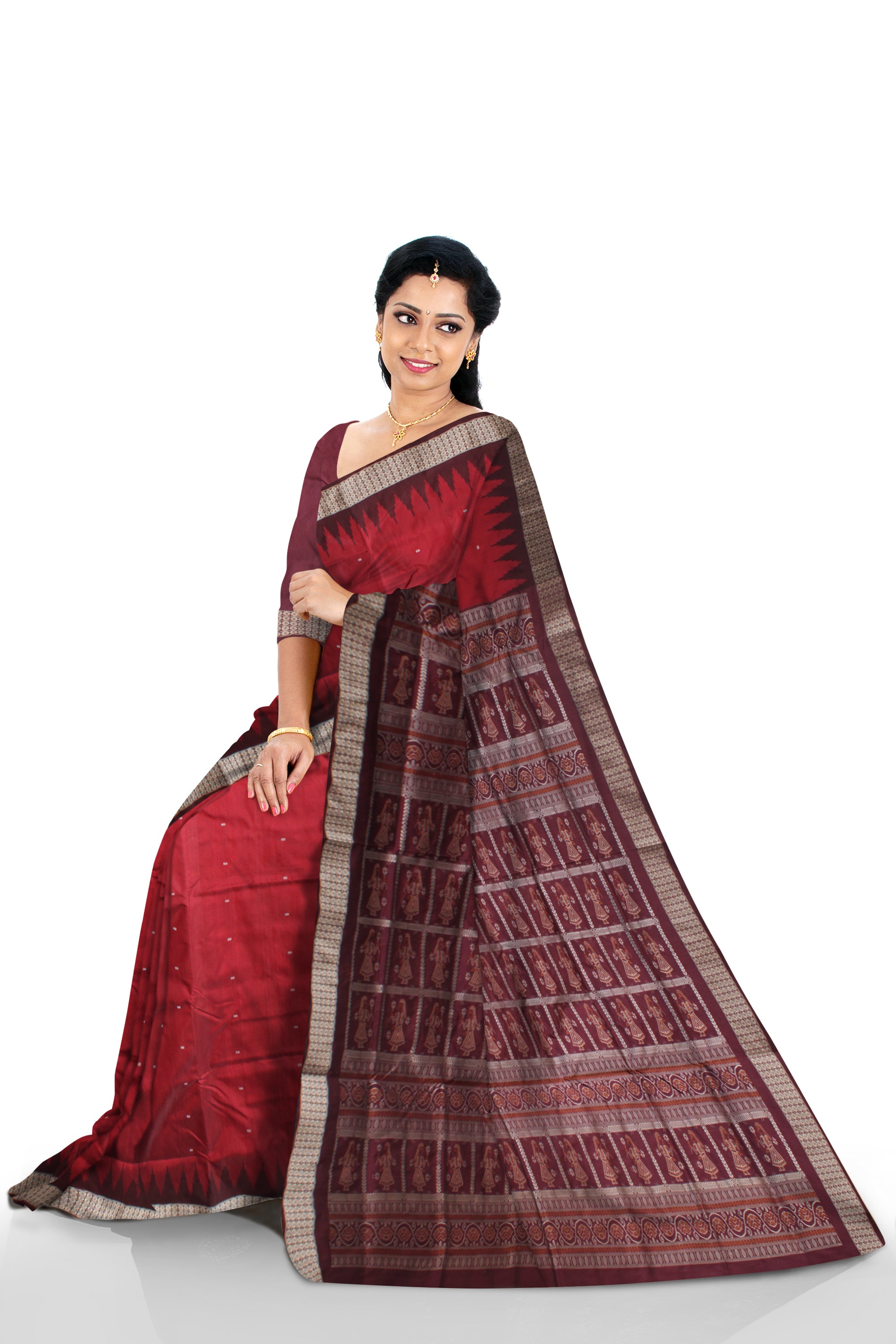 PALLU DOLL PRINT AND BODY SMALL BOOTY PATTERN PATA SAREE IS MAROON AND COFFEE COLOR BASE,WITH BLOUSE PIECE. - Koshali Arts & Crafts Enterprise