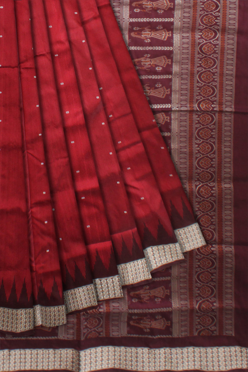 PALLU DOLL PRINT AND BODY SMALL BOOTY PATTERN PATA SAREE IS MAROON AND COFFEE COLOR BASE,WITH BLOUSE PIECE. - Koshali Arts & Crafts Enterprise