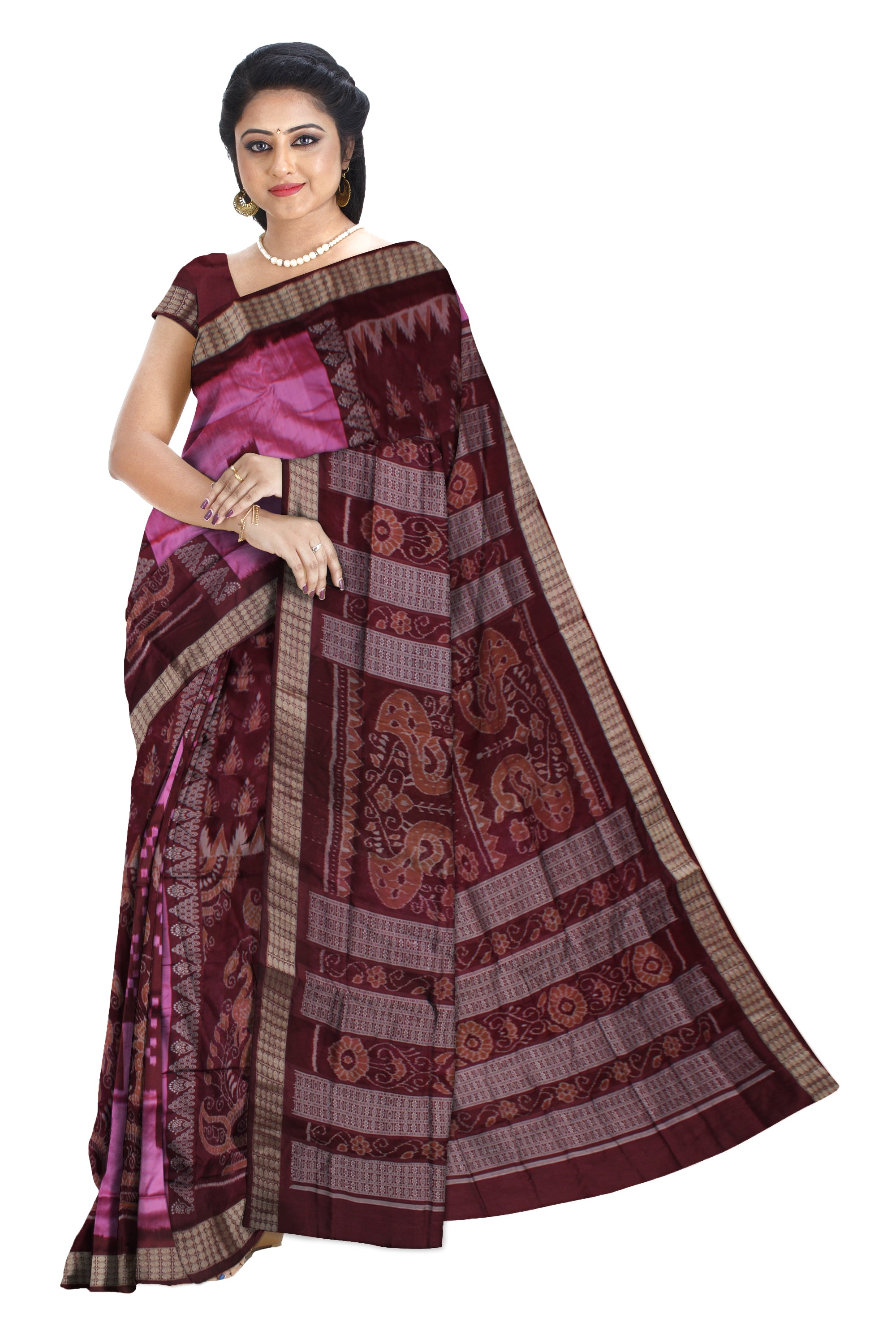 PINK AND COFFE COLOR SAPTA WITH BANDHA PATTERN BOMKEI PATA SAREE, WITH BLOUSE PIECE. - Koshali Arts & Crafts Enterprise