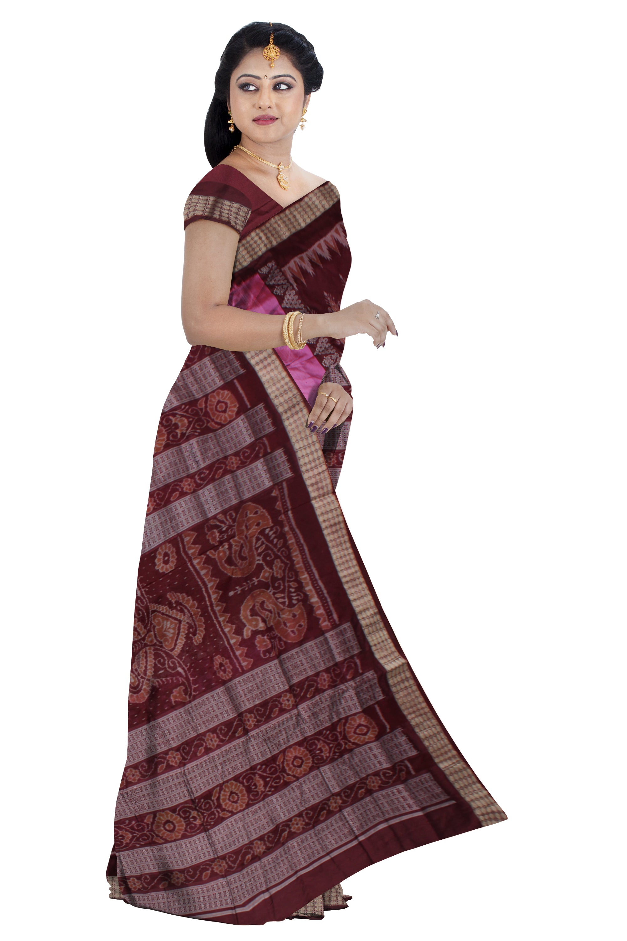 PINK AND COFFE COLOR SAPTA WITH BANDHA PATTERN BOMKEI PATA SAREE, WITH BLOUSE PIECE. - Koshali Arts & Crafts Enterprise