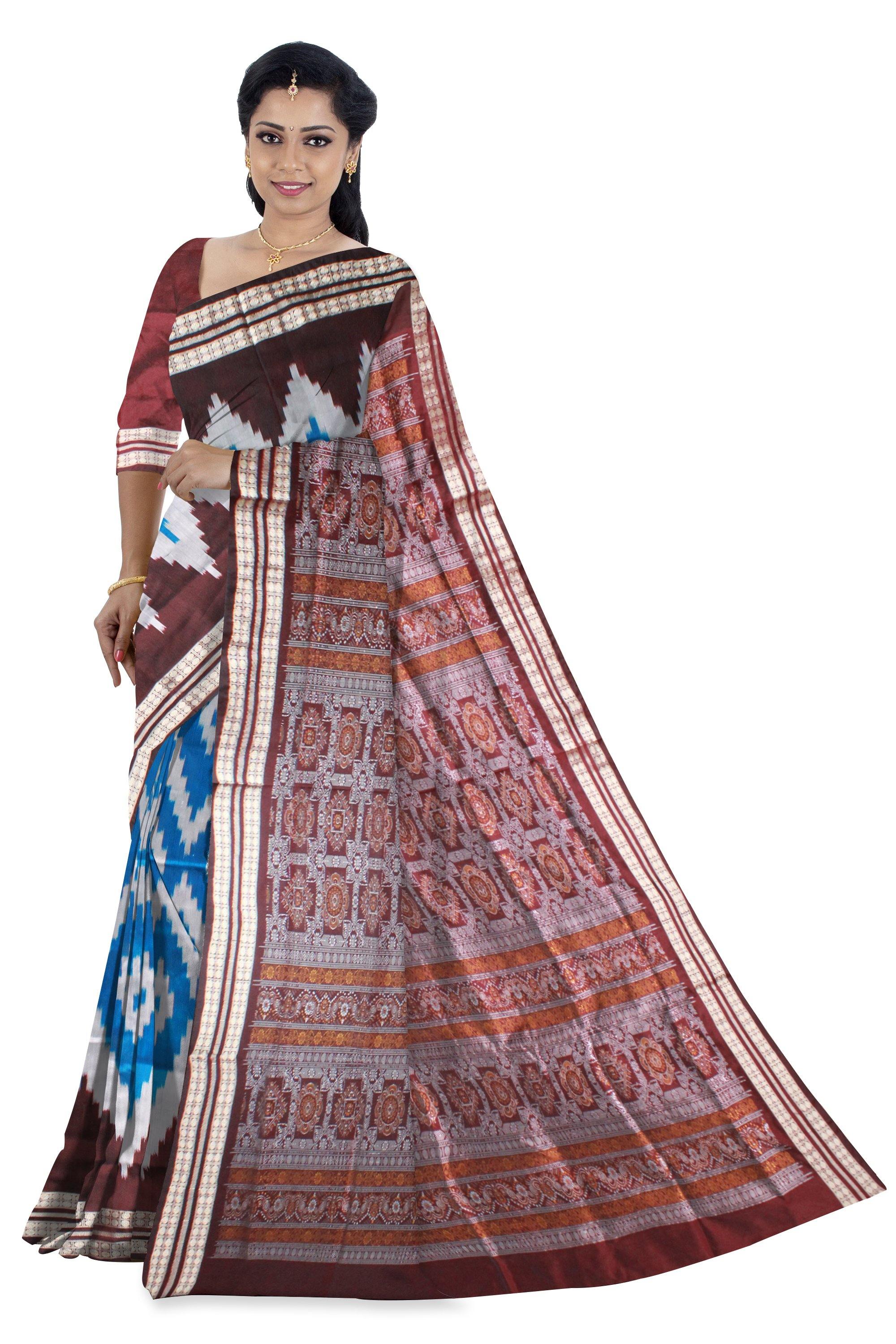 Zigzag design blue and silver mix pata saree with blouse piece - Koshali Arts & Crafts Enterprise