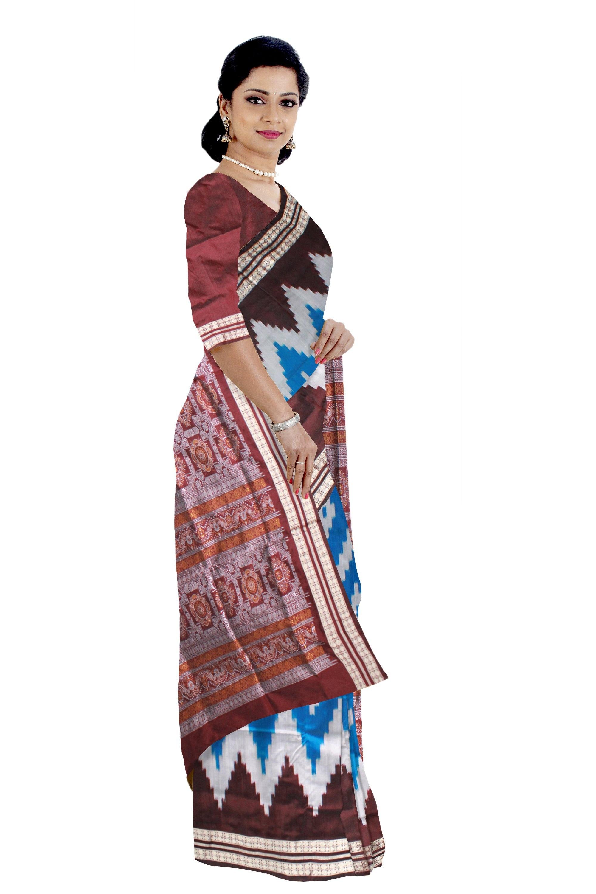 Zigzag design blue and silver mix pata saree with blouse piece - Koshali Arts & Crafts Enterprise