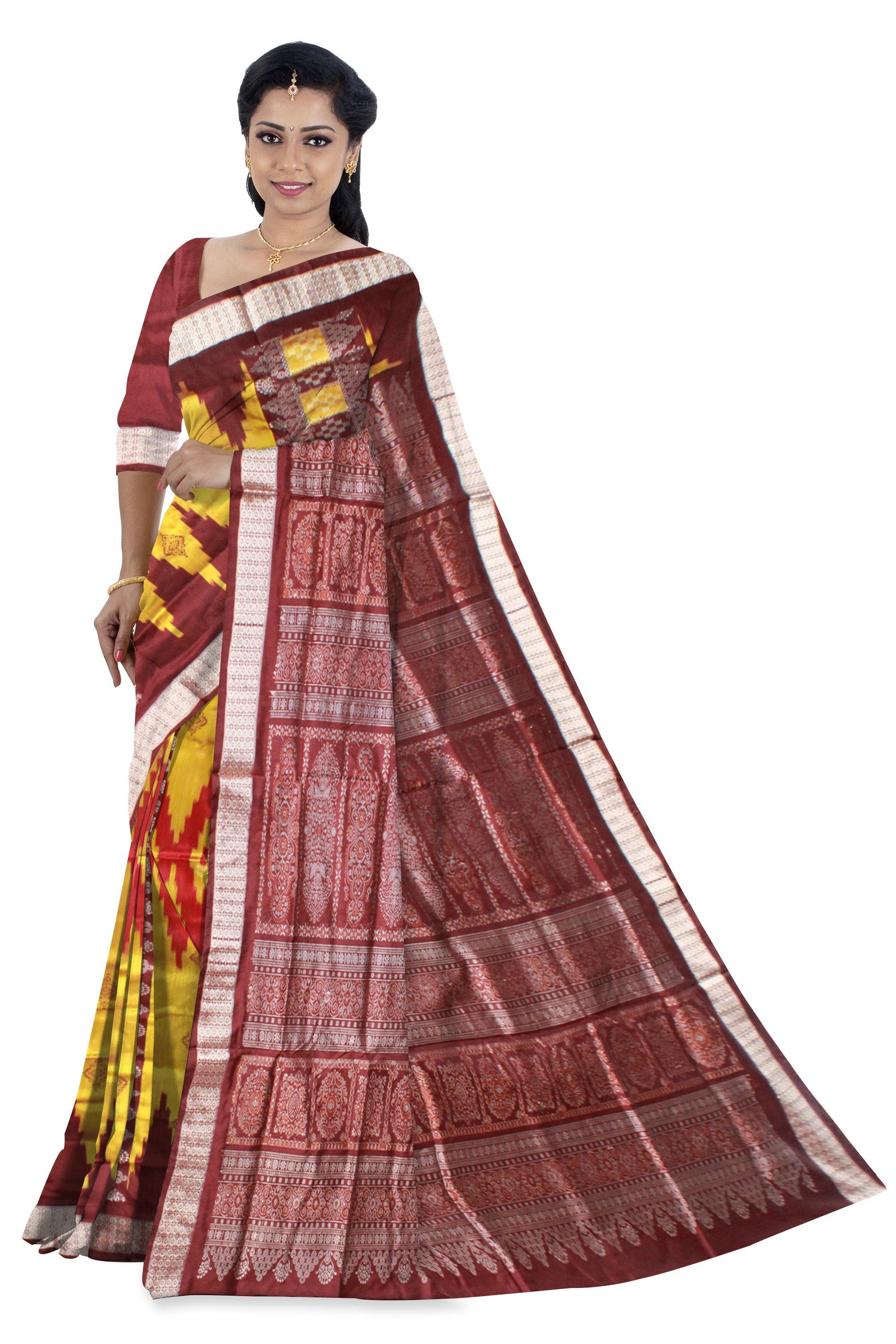 Sambalpuri Pata saree with Pasapali design in yellow with blouse piece - Koshali Arts & Crafts Enterprise