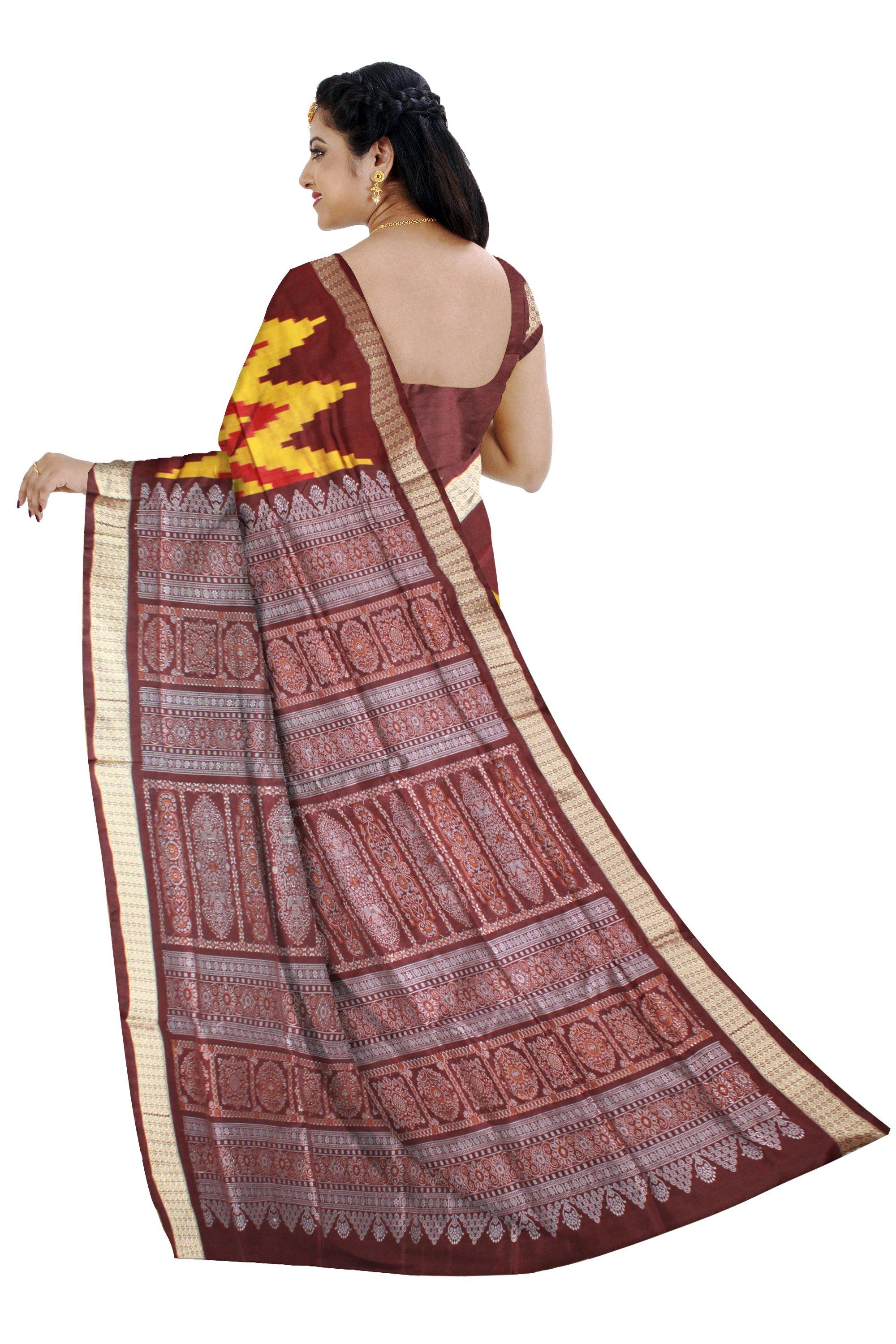 Zigzag design Yellow and brown mix Pata saree with blouse piece - Koshali Arts & Crafts Enterprise