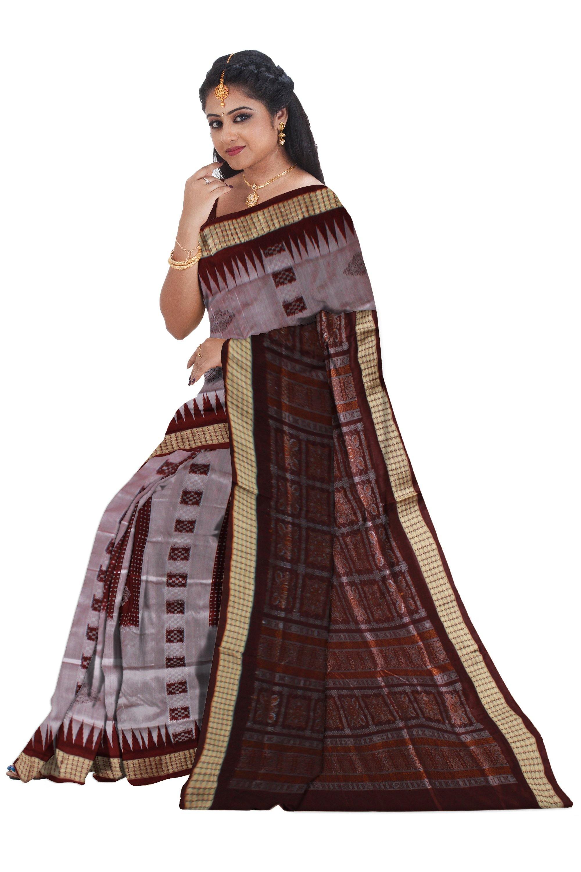 Silver and Brown color Pasapali Pata saree with blouse piece - Koshali Arts & Crafts Enterprise