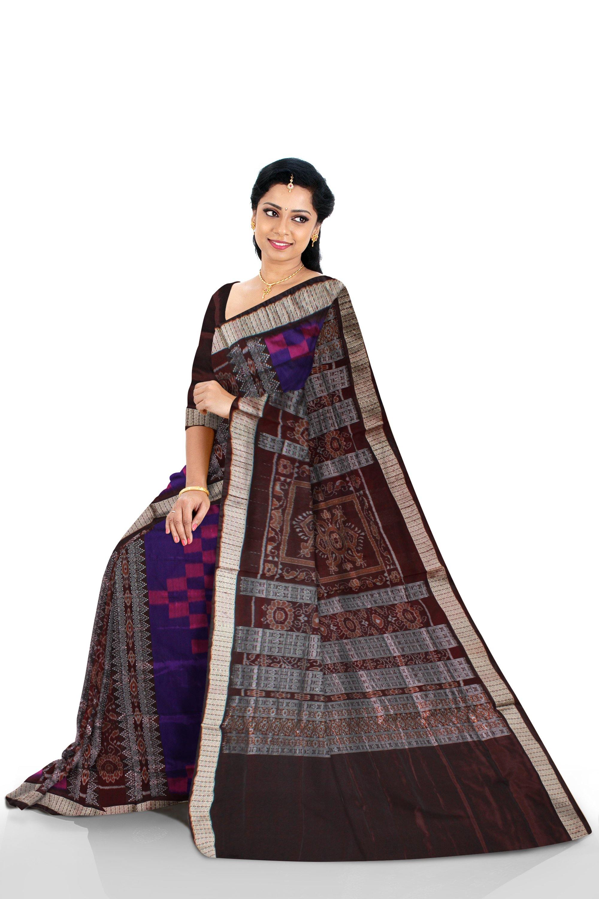 Sapta print violet & brown color pata saree with blouse piece. - Koshali Arts & Crafts Enterprise