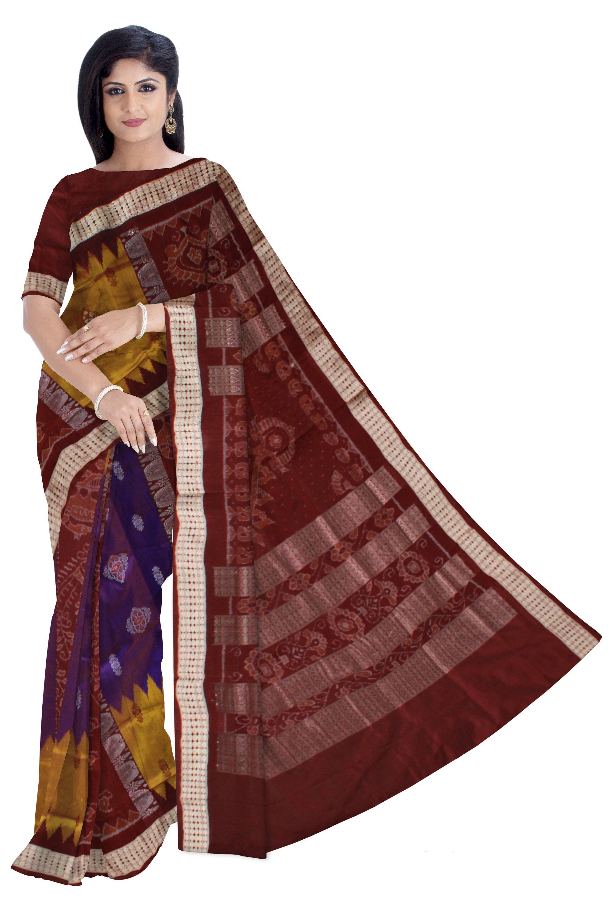 Peacock print yellow, blue & brown color pata saree with blouse piece. - Koshali Arts & Crafts Enterprise
