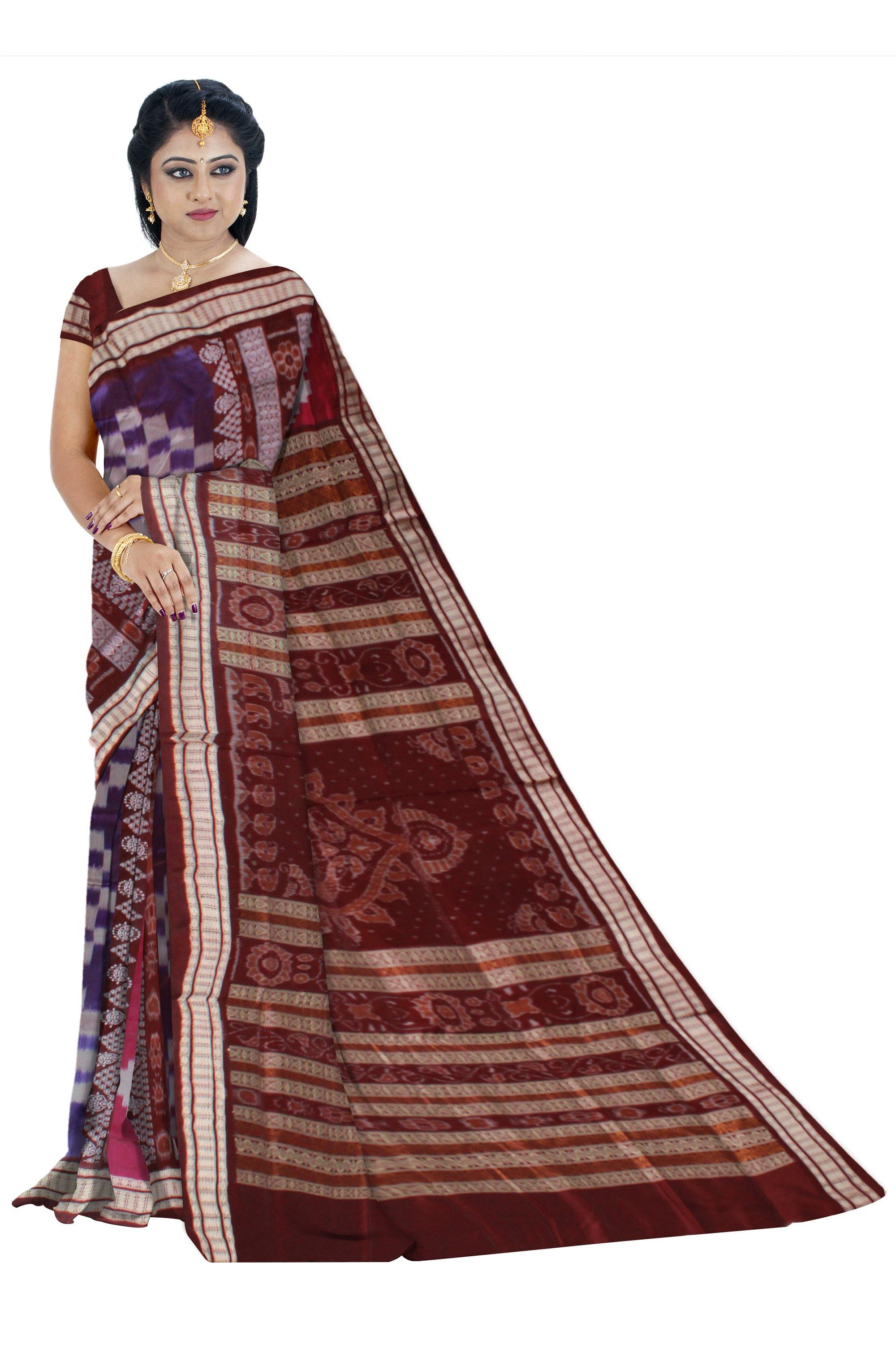 Brown and Pink color sambalpuri pata saree with blouse piece. - Koshali Arts & Crafts Enterprise