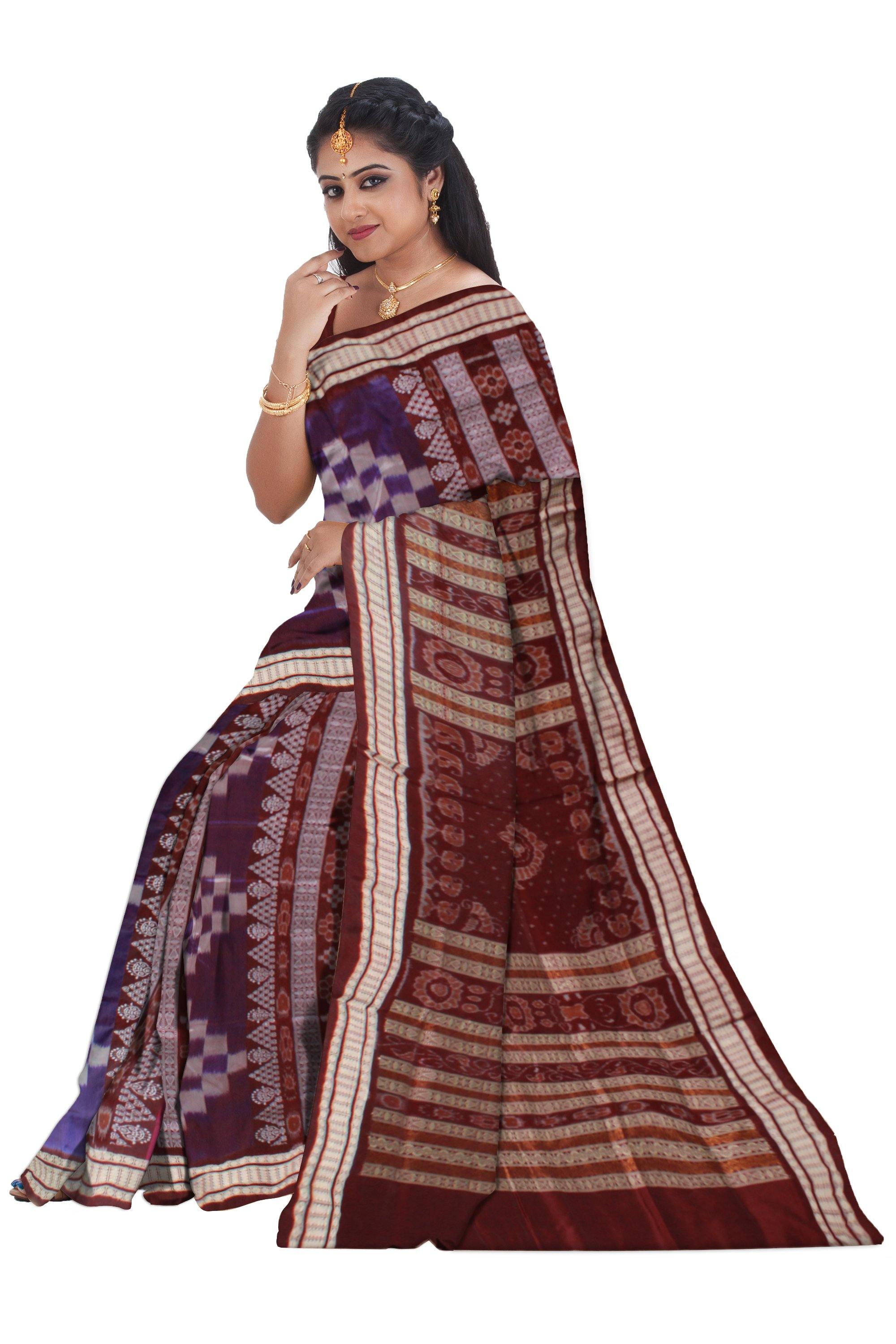 Brown and Pink color sambalpuri pata saree with blouse piece. - Koshali Arts & Crafts Enterprise