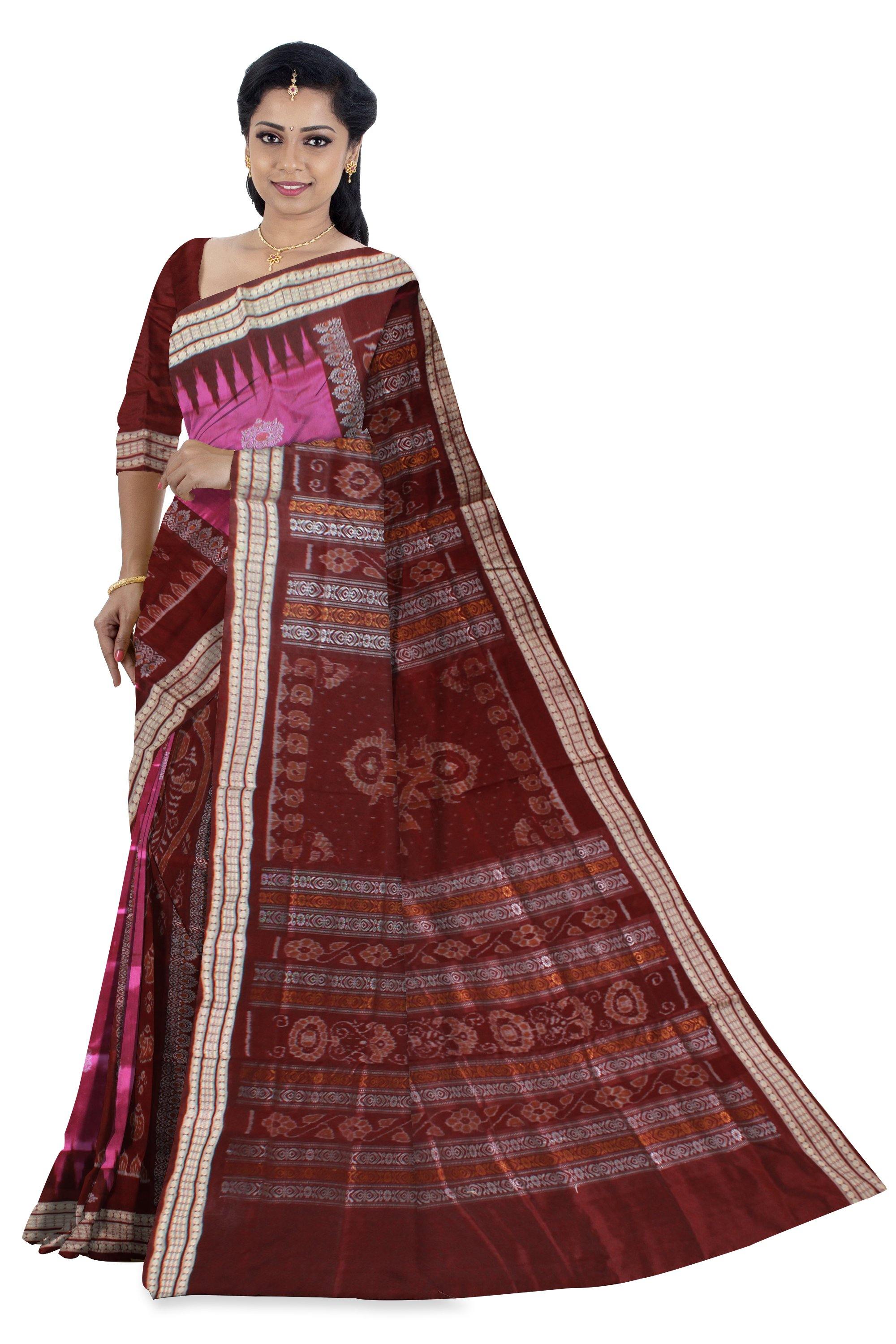 Pink and Brown bomkei pata saree with blouse piece. - Koshali Arts & Crafts Enterprise
