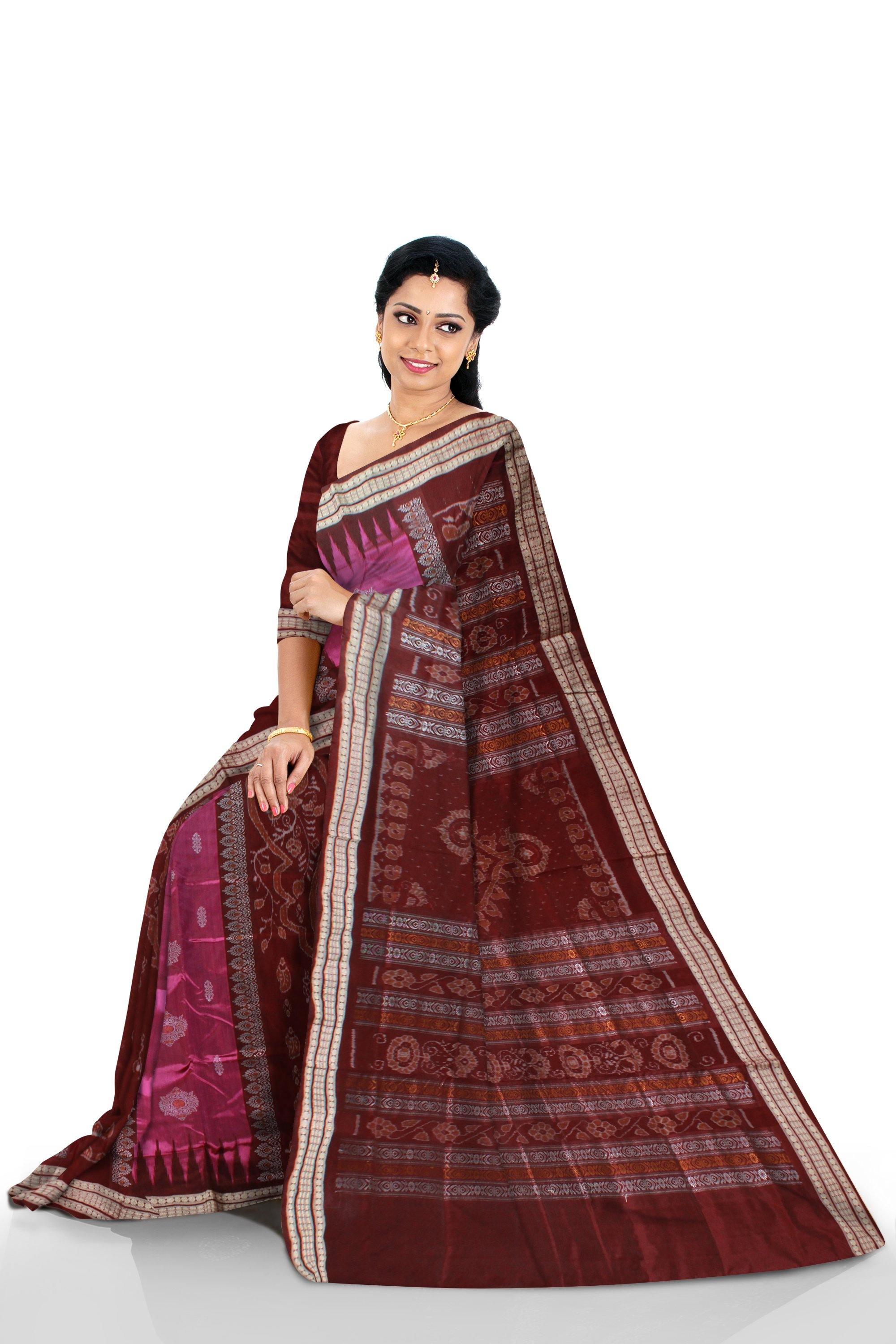 Pink and Brown bomkei pata saree with blouse piece. - Koshali Arts & Crafts Enterprise