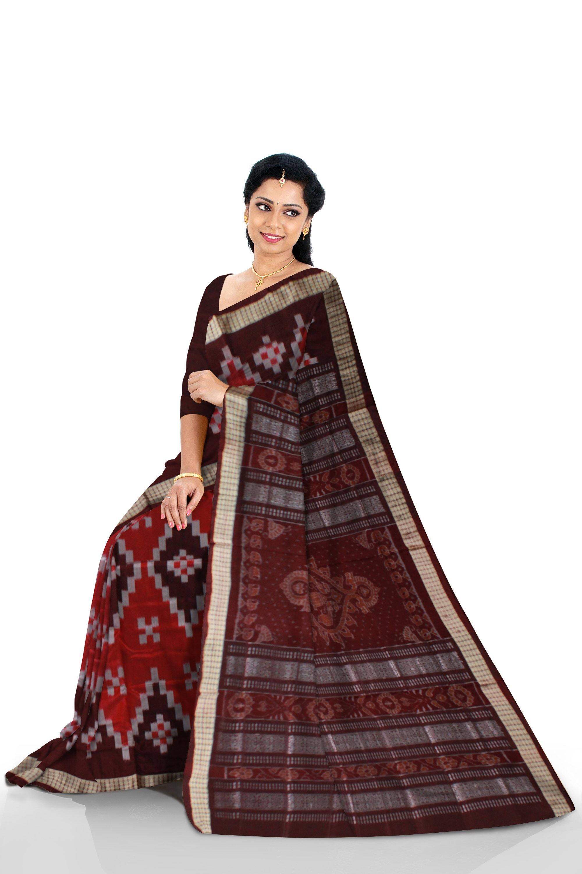 Sapta Print Marron color Pata saree with blouse piece. - Koshali Arts & Crafts Enterprise