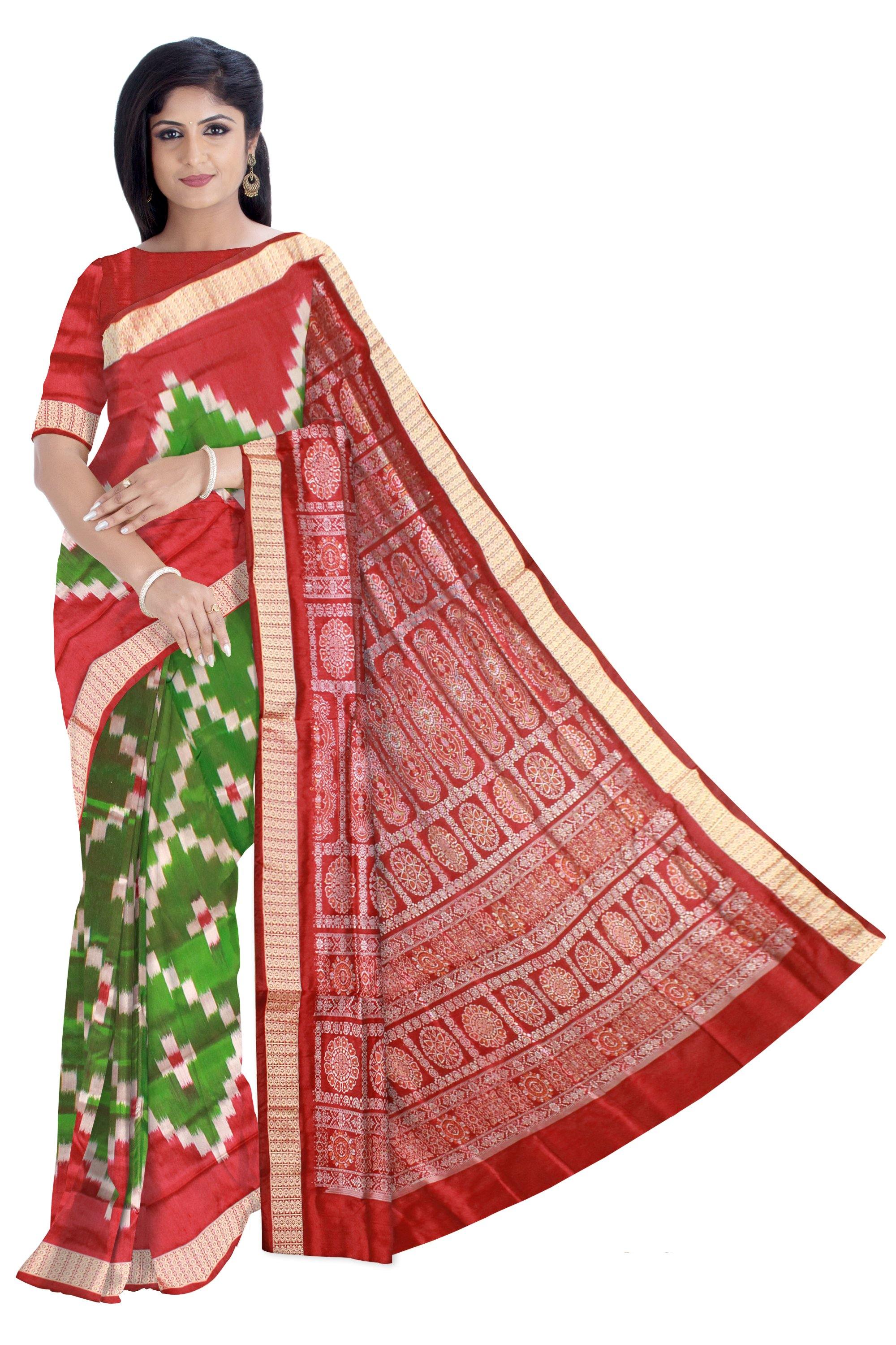Green color Sapta pattern Sambalpuri Pata saree with blouse piece. - Koshali Arts & Crafts Enterprise