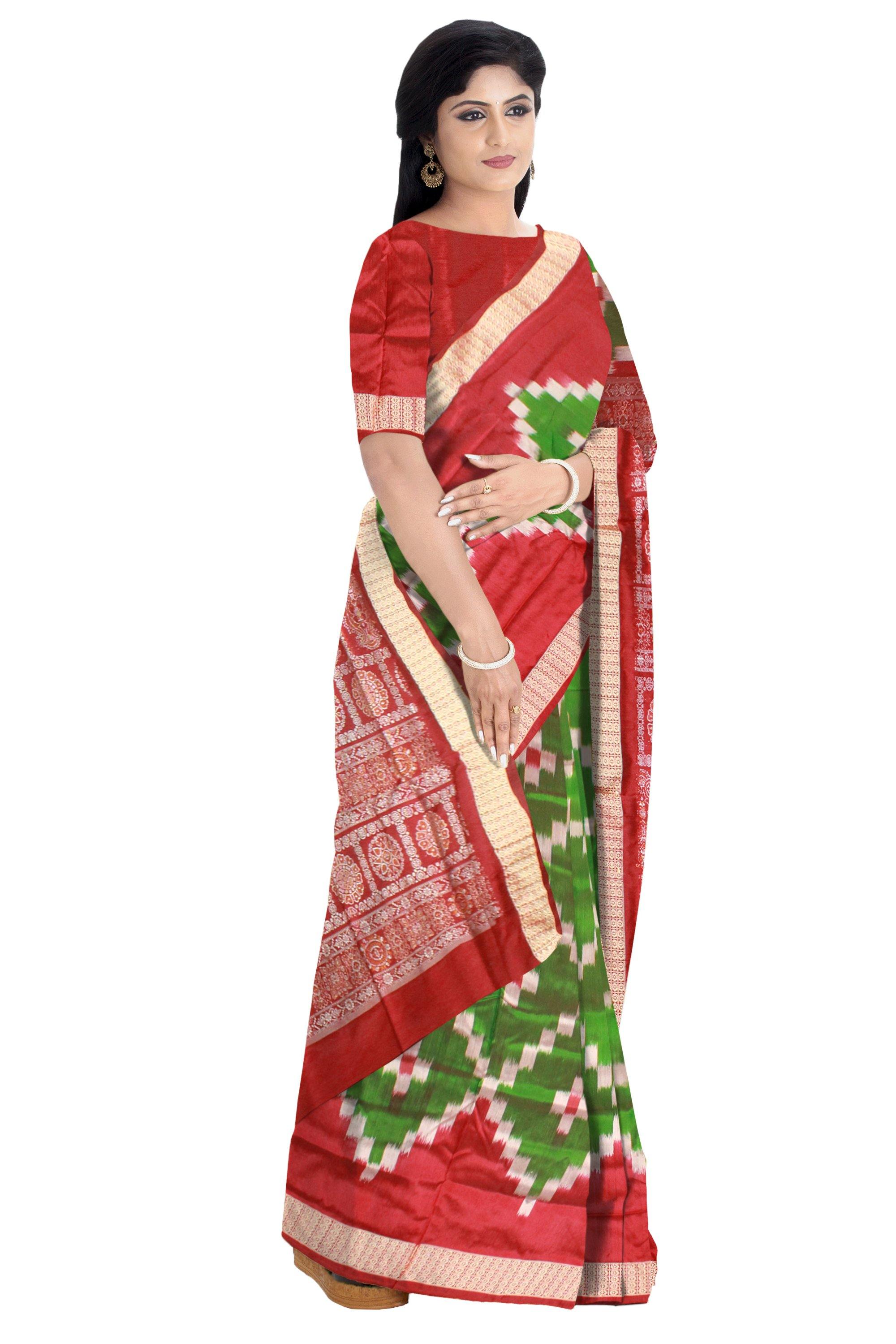 Green color Sapta pattern Sambalpuri Pata saree with blouse piece. - Koshali Arts & Crafts Enterprise