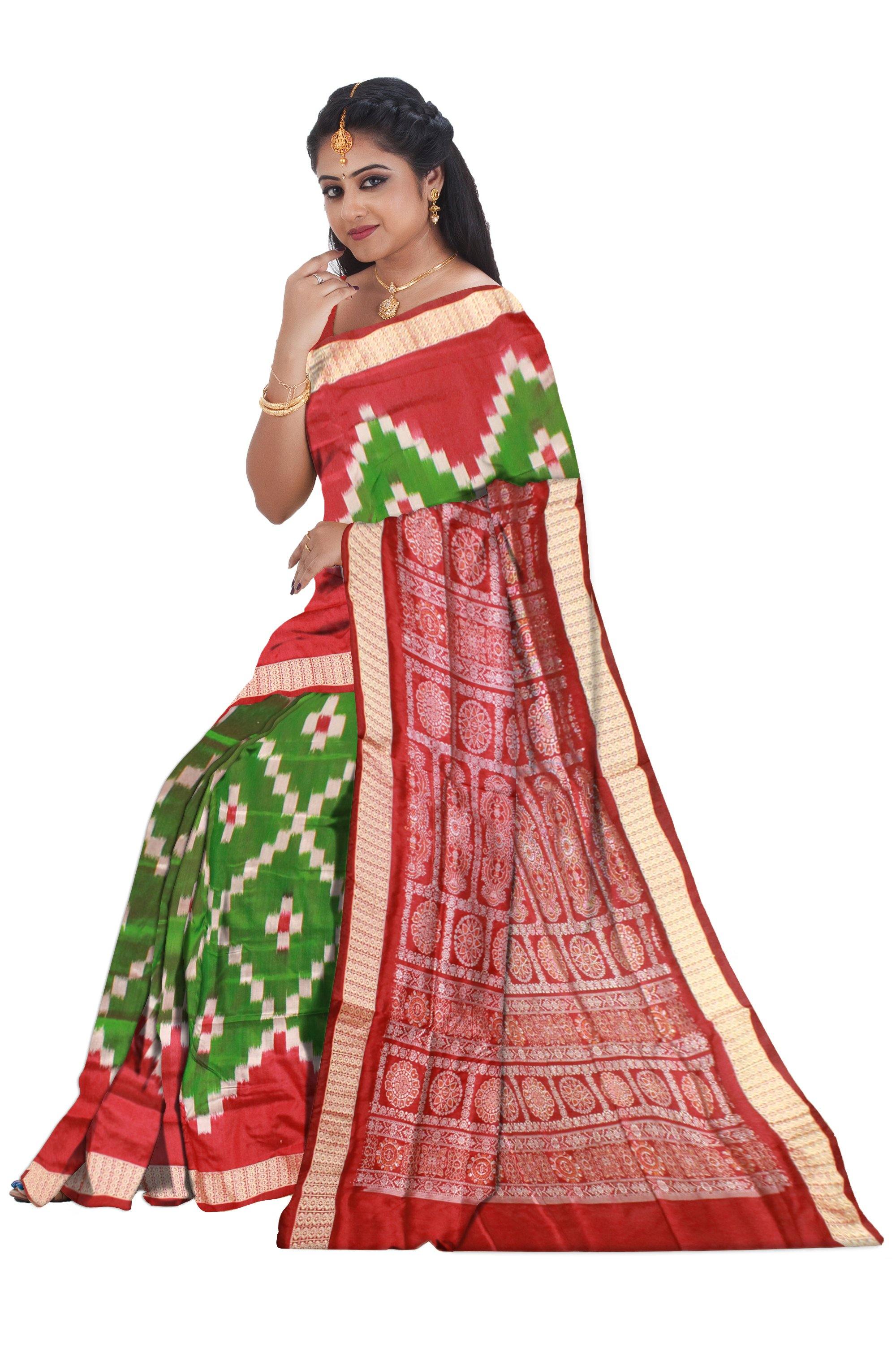 Green color Sapta pattern Sambalpuri Pata saree with blouse piece. - Koshali Arts & Crafts Enterprise