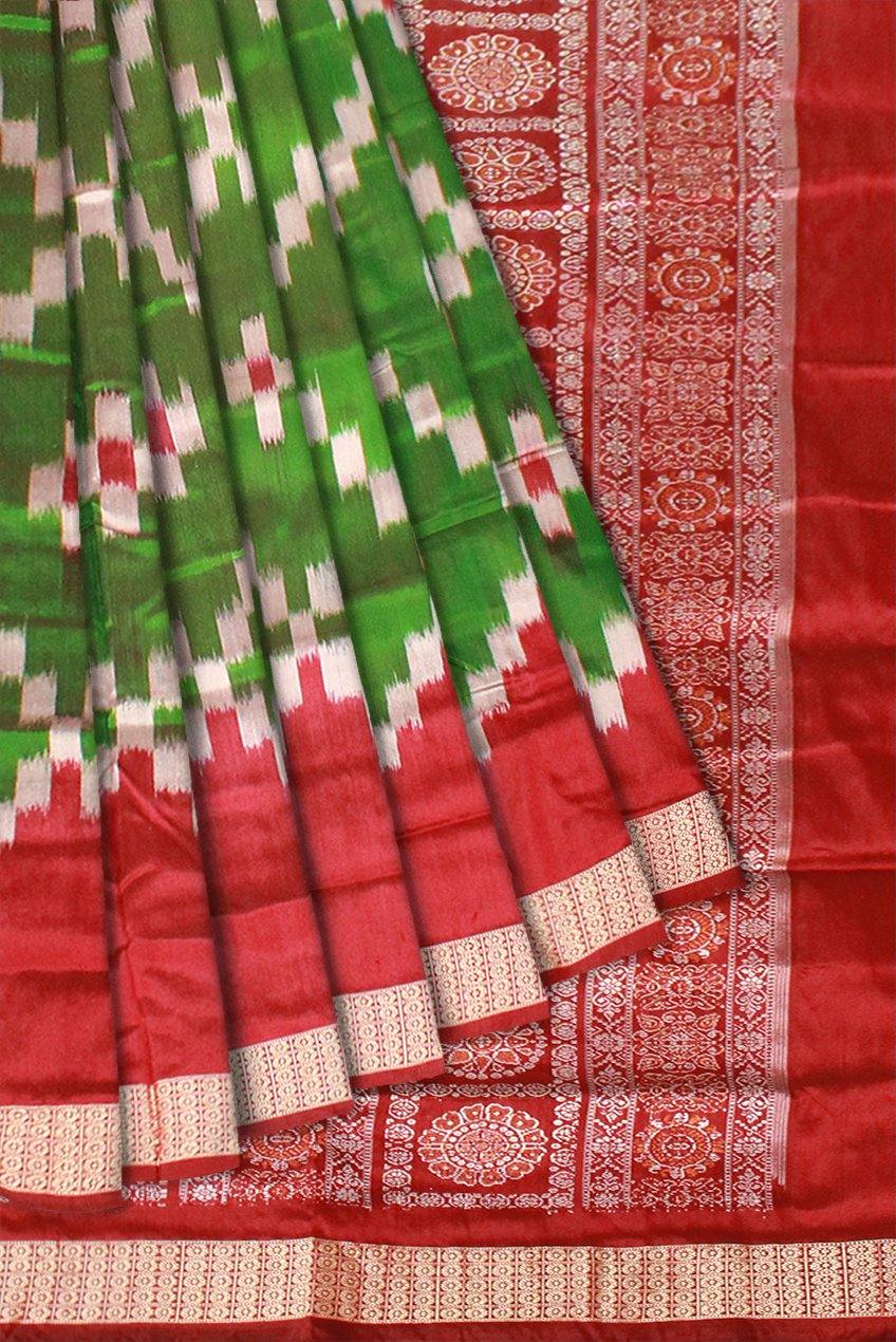 Green color Sapta pattern Sambalpuri Pata saree with blouse piece. - Koshali Arts & Crafts Enterprise