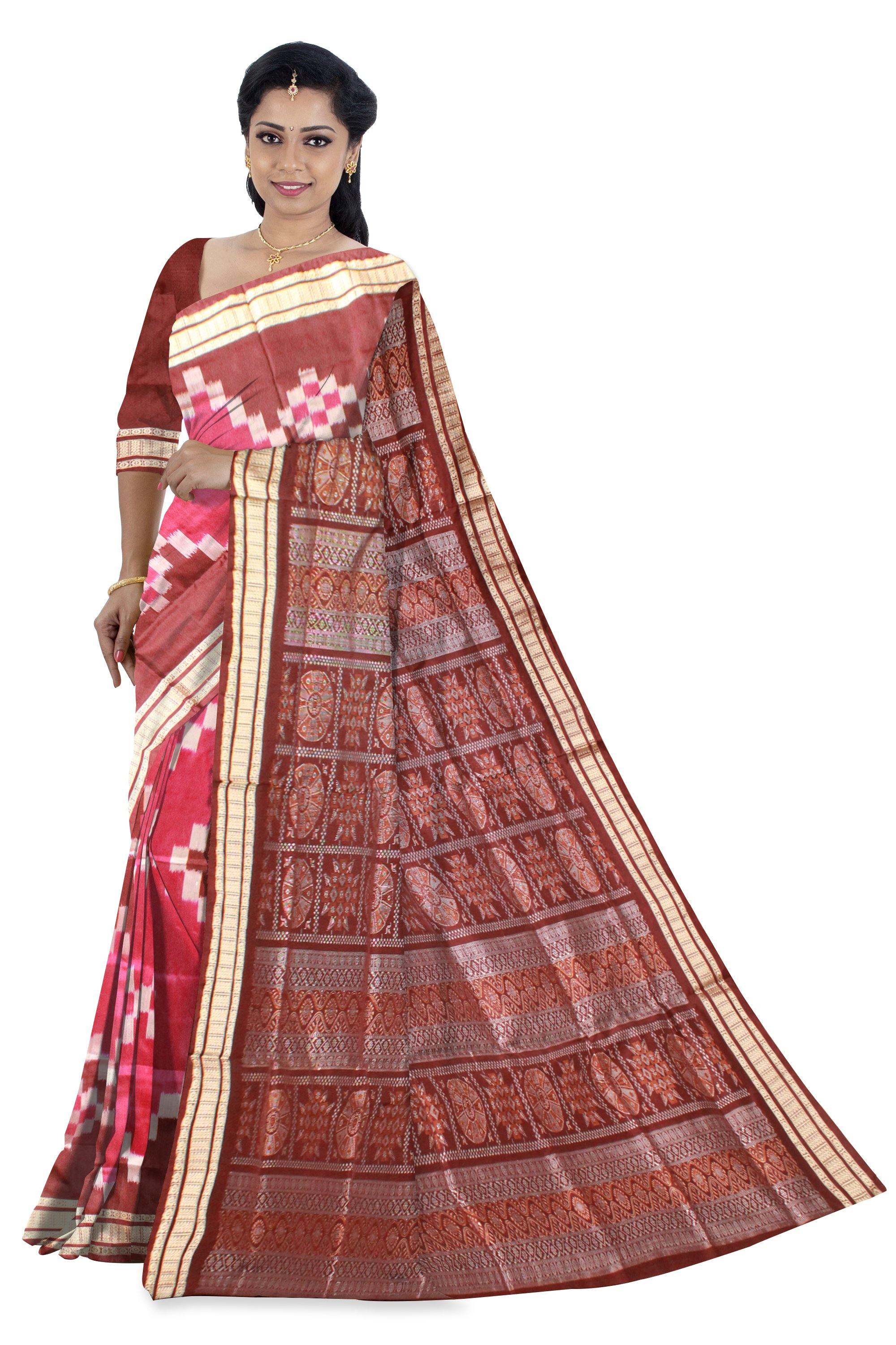 Pink color Sapta pattern Sambalpuri Pata saree with blouse piece. - Koshali Arts & Crafts Enterprise