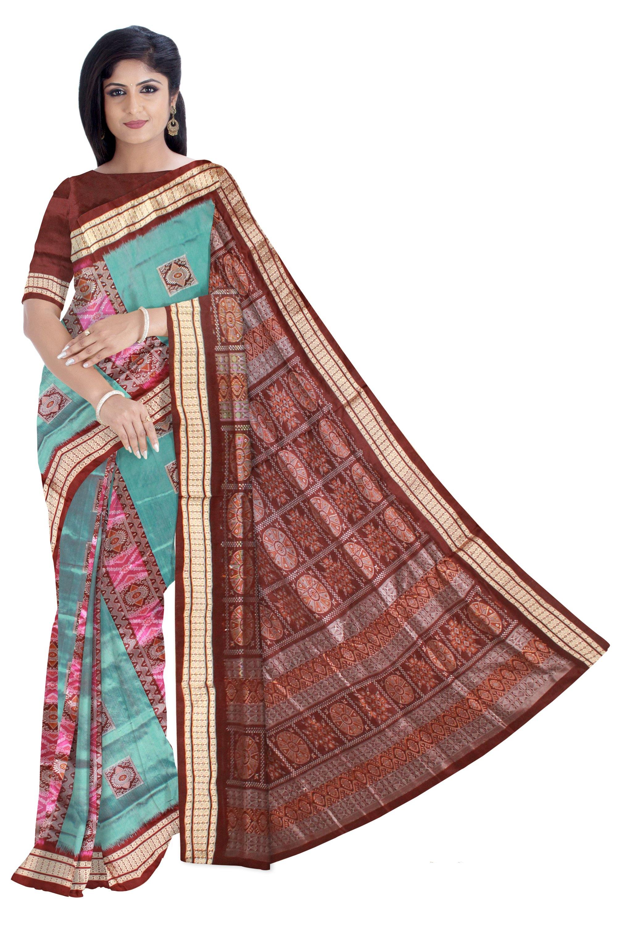 Aqua color Sambalpuri Pata saree with pink lining with blouse piece - Koshali Arts & Crafts Enterprise
