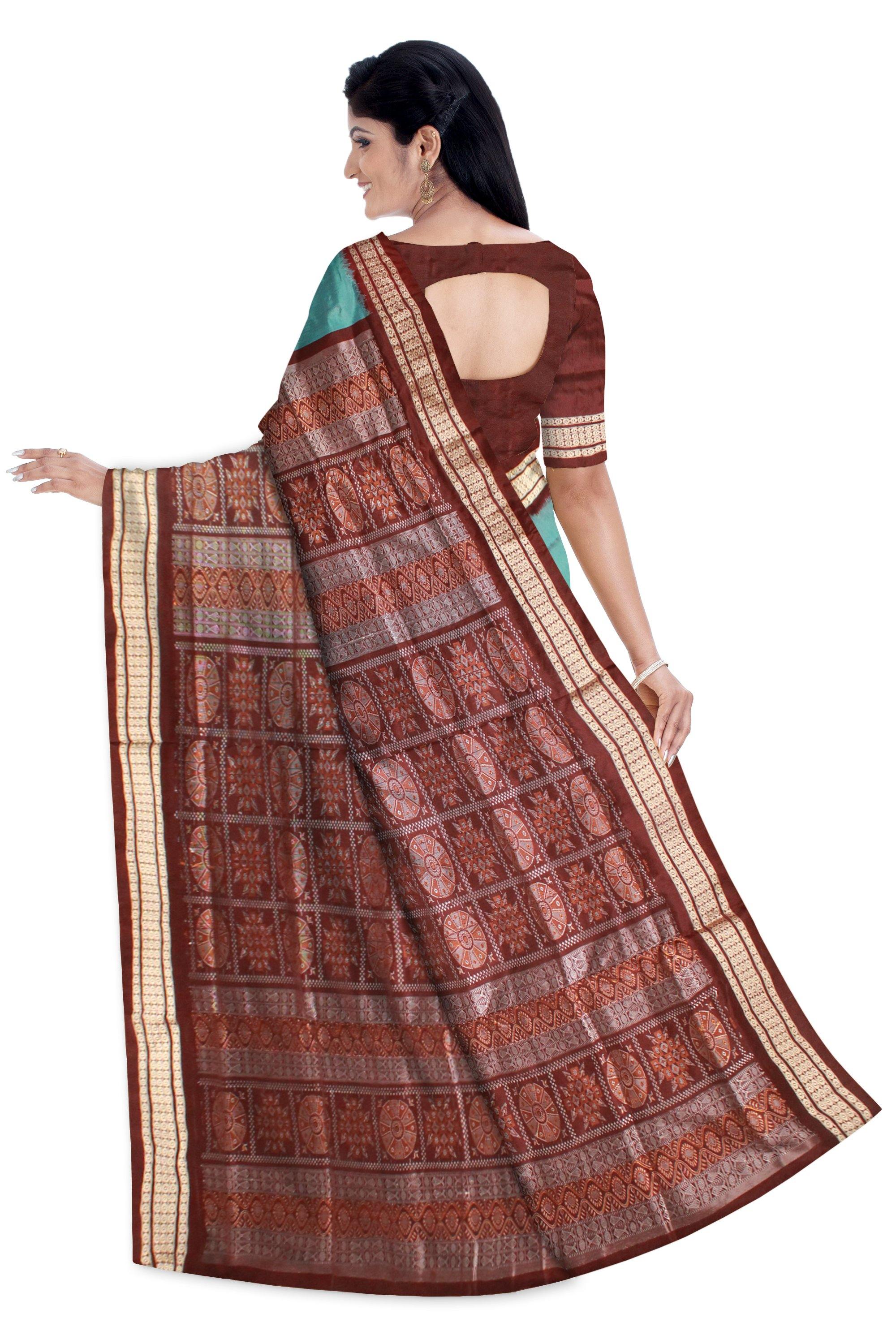 Aqua color Sambalpuri Pata saree with pink lining with blouse piece - Koshali Arts & Crafts Enterprise