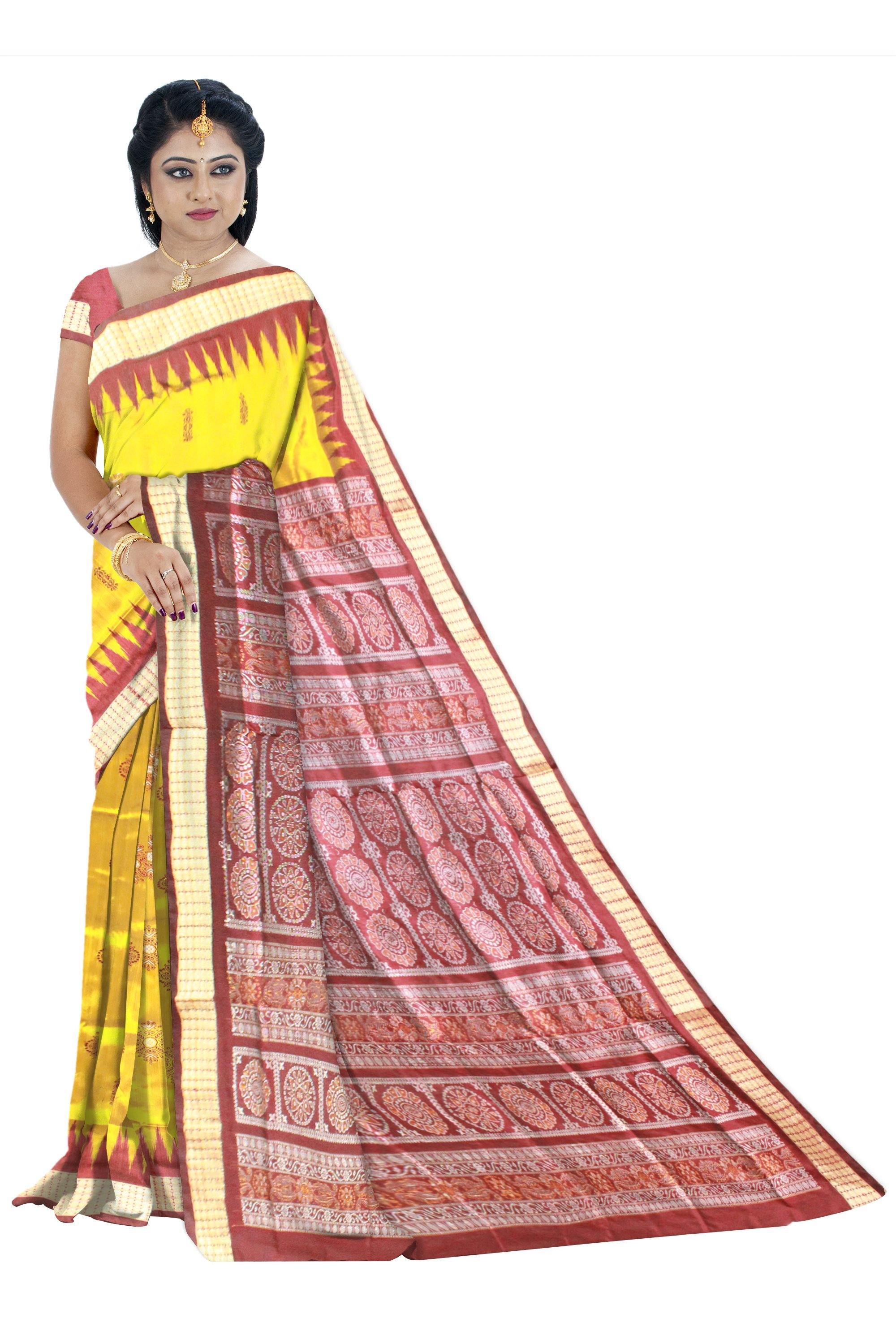 Yellow color Sambalpuri Pata saree in Bomkei design With blouse piece. - Koshali Arts & Crafts Enterprise