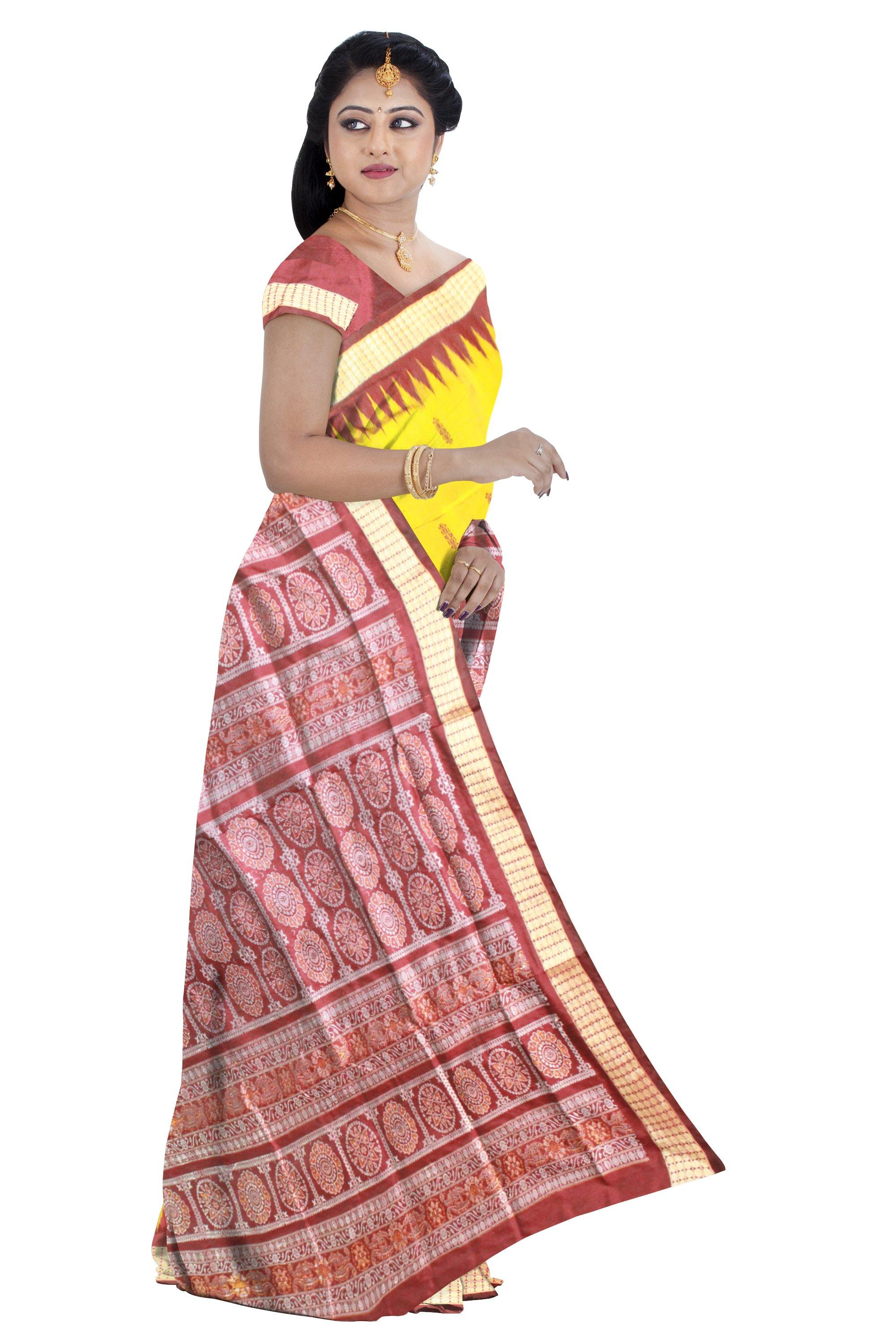 Yellow color Sambalpuri Pata saree in Bomkei design With blouse piece. - Koshali Arts & Crafts Enterprise