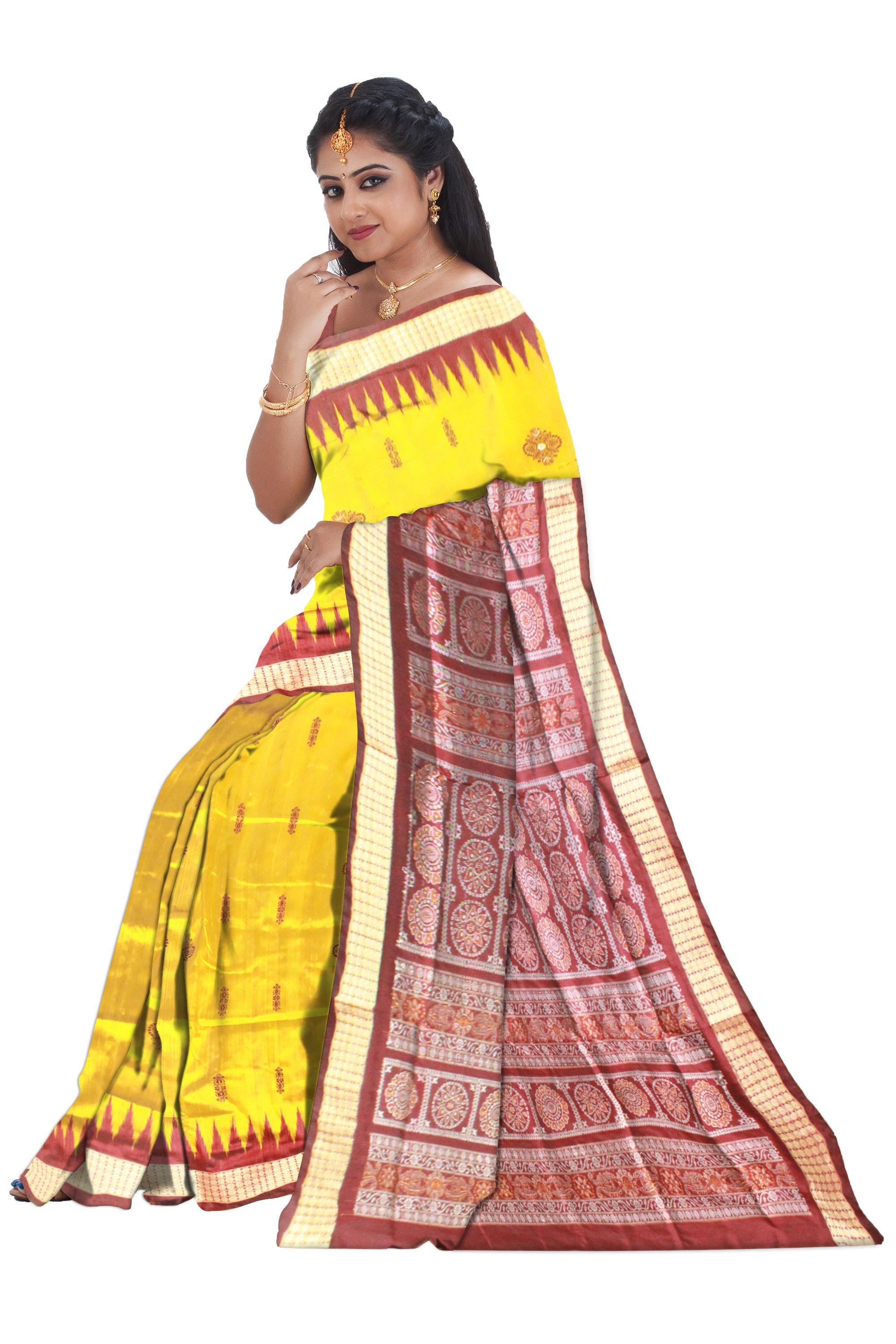 Yellow color Sambalpuri Pata saree in Bomkei design With blouse piece. - Koshali Arts & Crafts Enterprise