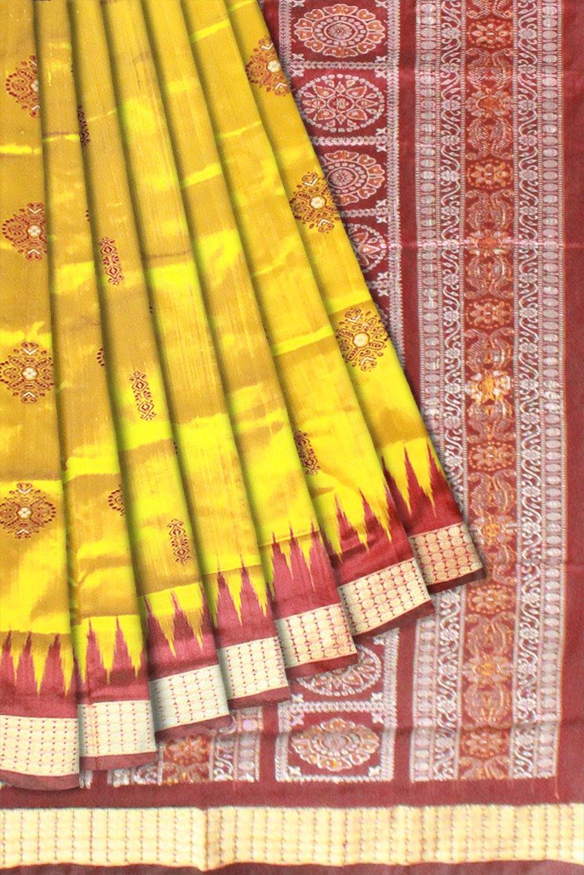 Yellow color Sambalpuri Pata saree in Bomkei design With blouse piece. - Koshali Arts & Crafts Enterprise