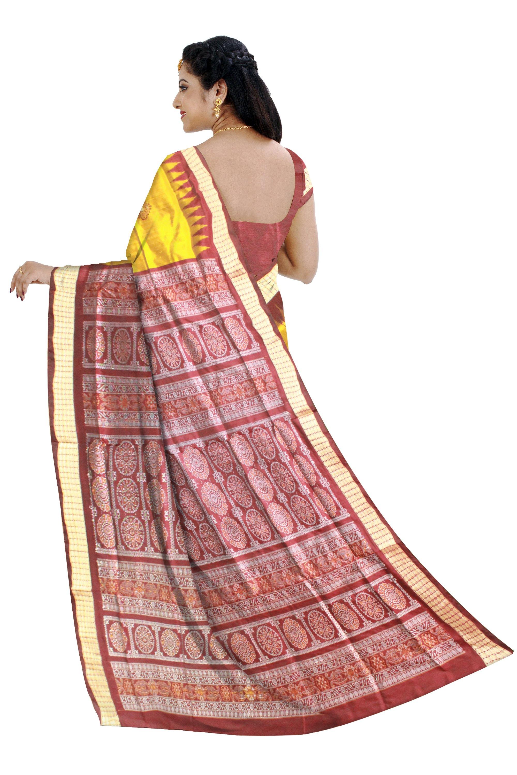 Yellow color Sambalpuri Pata saree in Bomkei design With blouse piece. - Koshali Arts & Crafts Enterprise