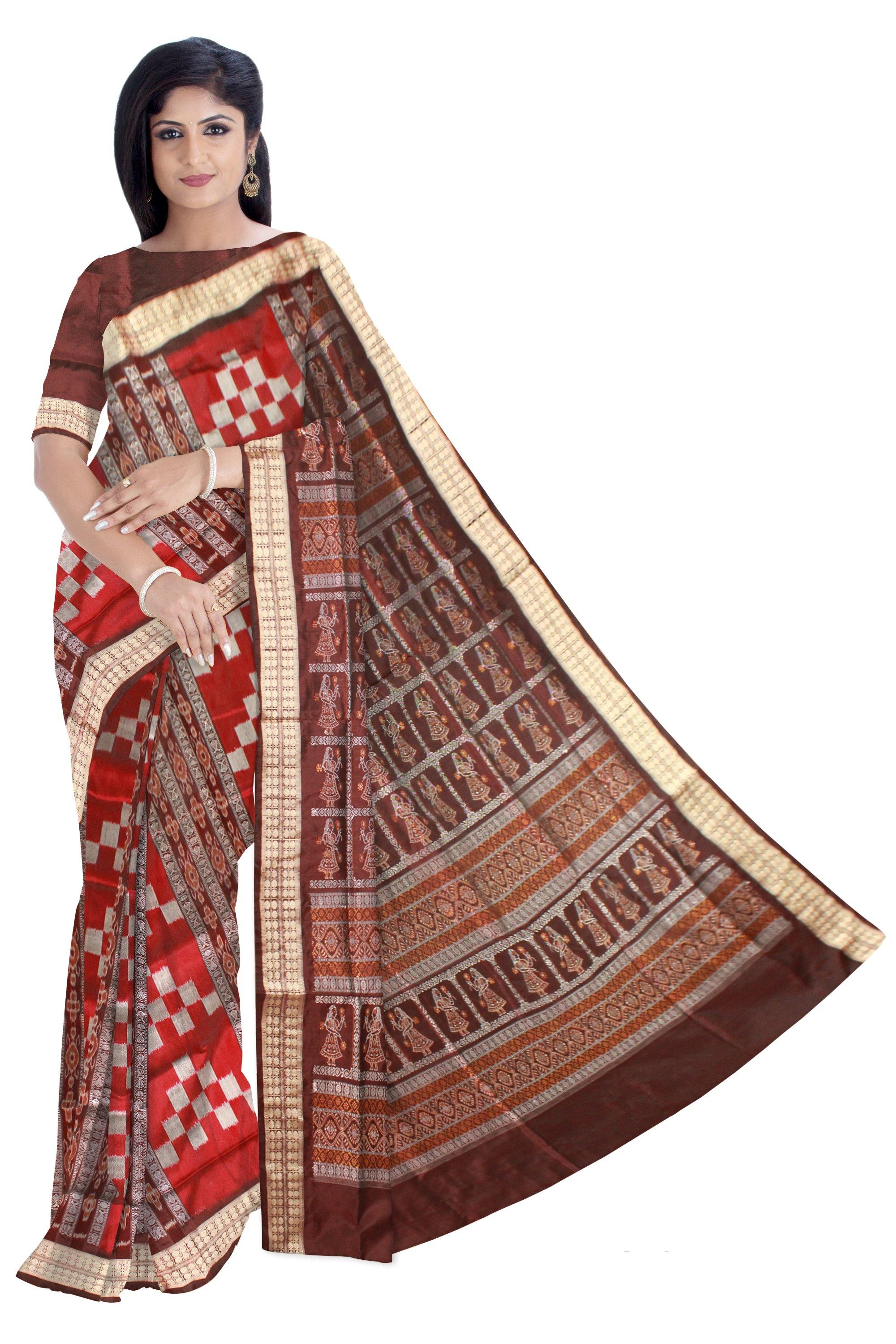 Red color Sapta print Sambalpuri Pata saree with blouse piece. - Koshali Arts & Crafts Enterprise