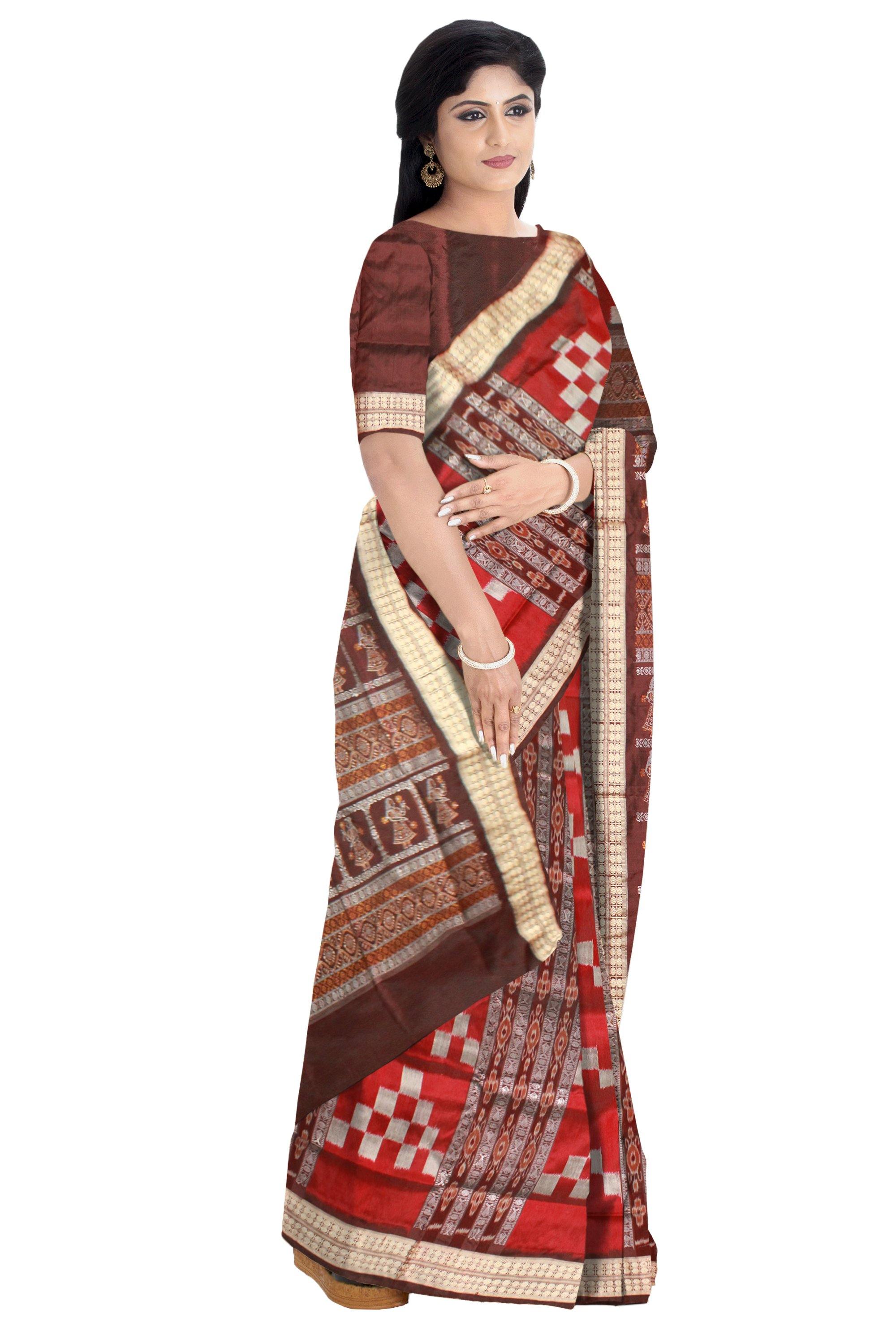 Red color Sapta print Sambalpuri Pata saree with blouse piece. - Koshali Arts & Crafts Enterprise