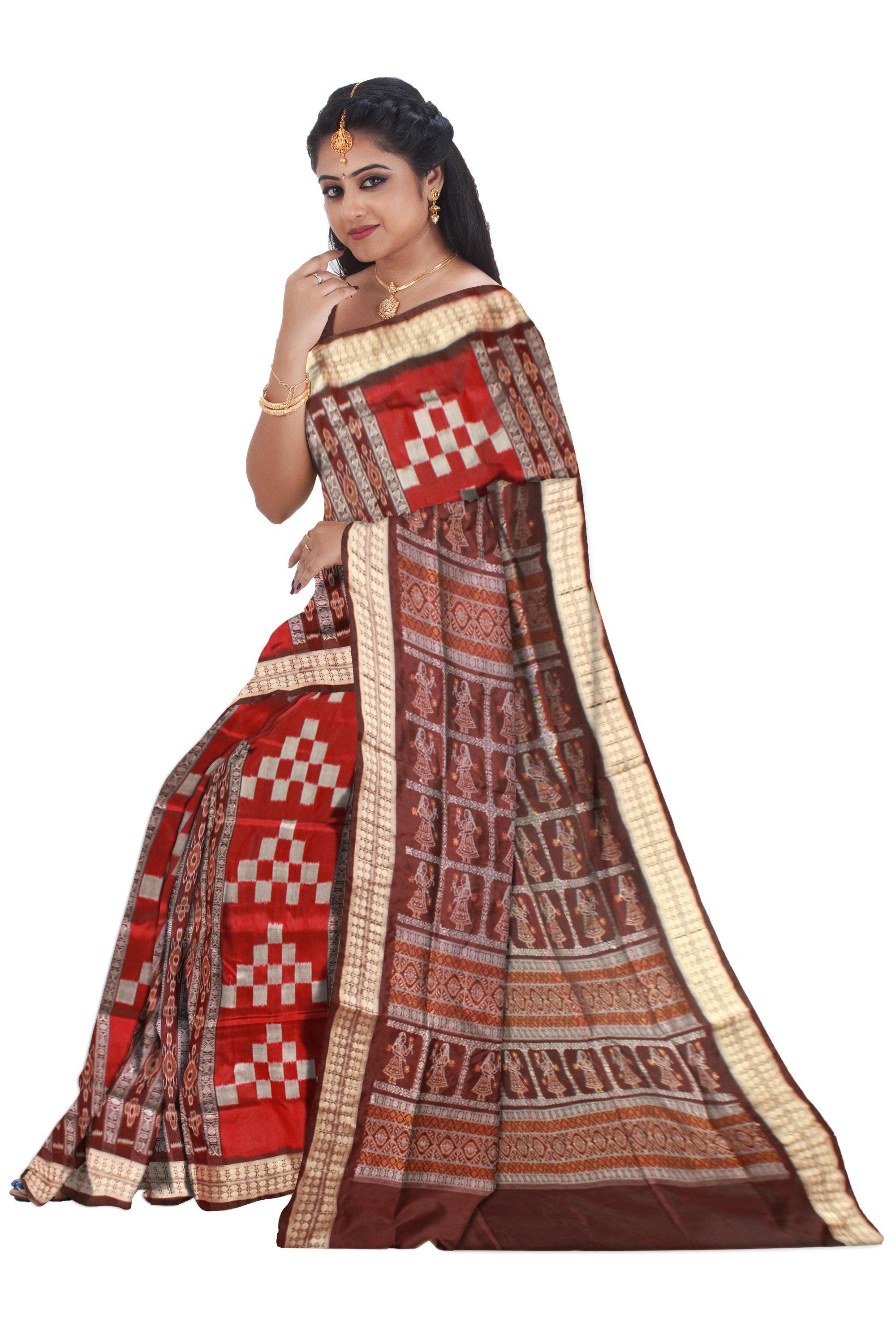 Red color Sapta print Sambalpuri Pata saree with blouse piece. - Koshali Arts & Crafts Enterprise
