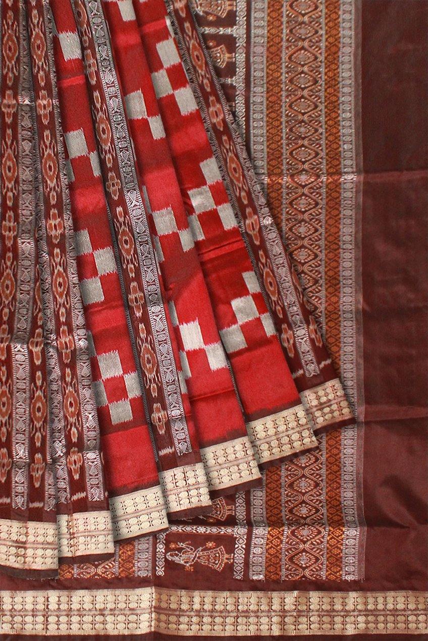 Red color Sapta print Sambalpuri Pata saree with blouse piece. - Koshali Arts & Crafts Enterprise