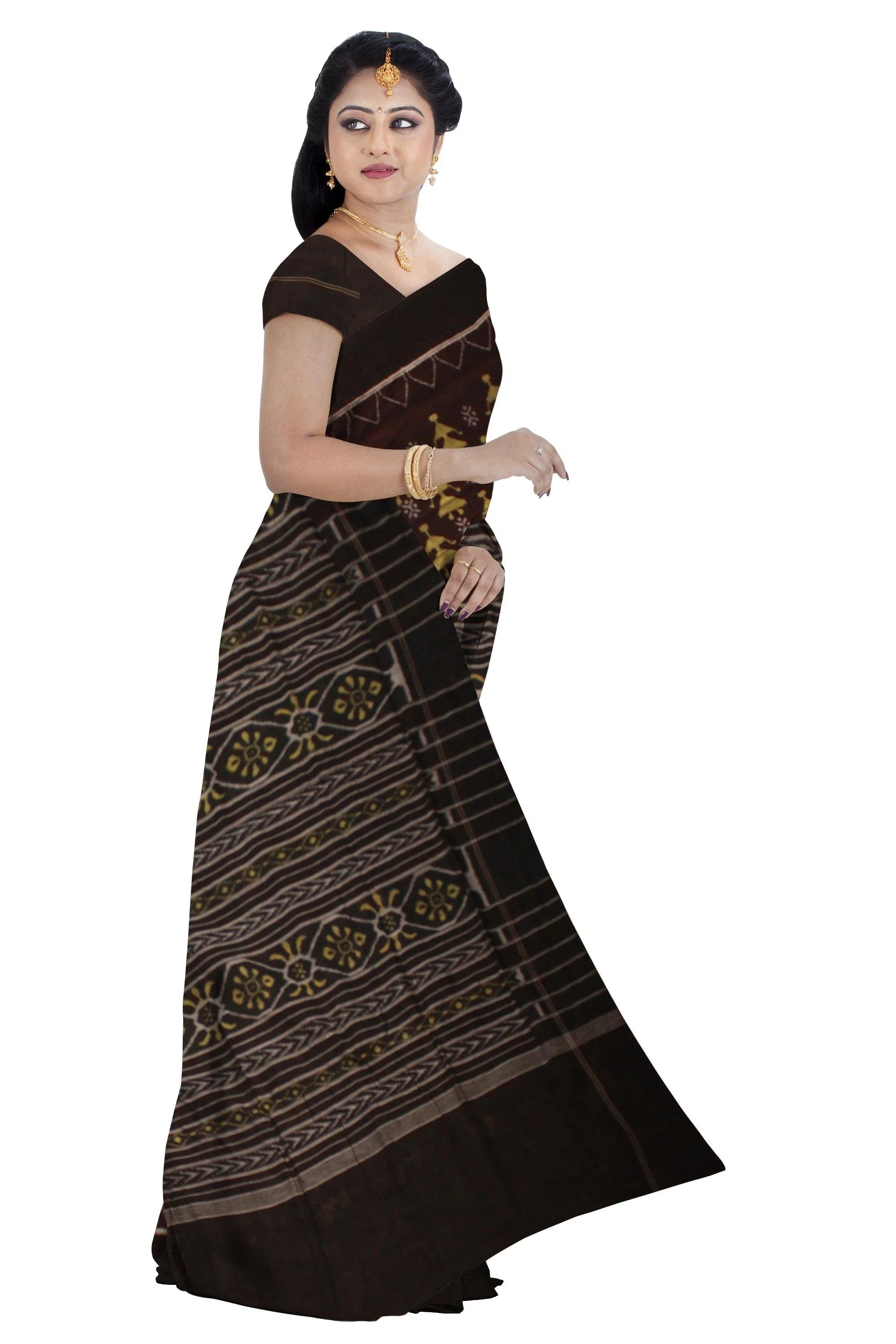 Brown color doll print Sambalpuri Cotton saree with blouse piece. - Koshali Arts & Crafts Enterprise