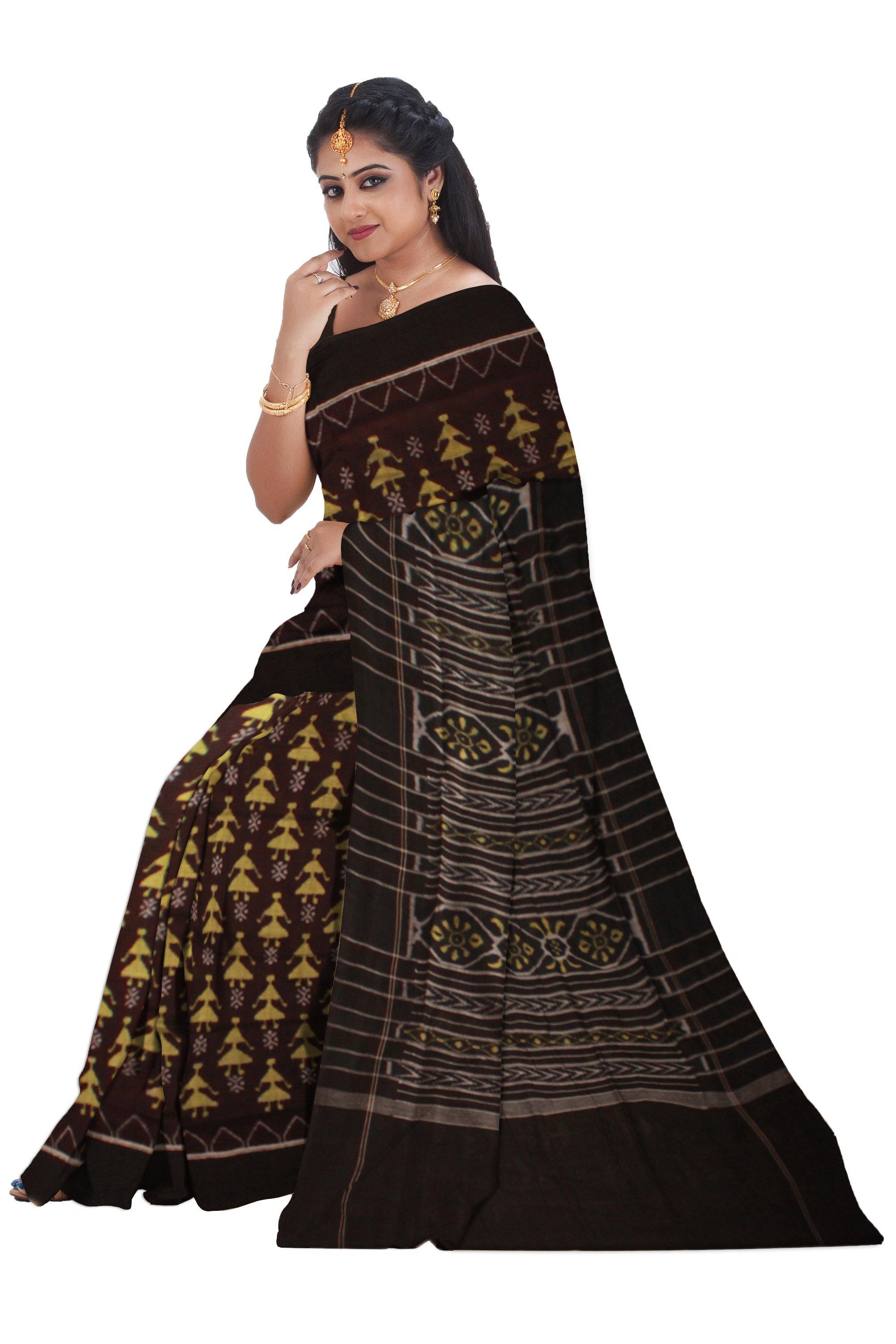 Brown color doll print Sambalpuri Cotton saree with blouse piece. - Koshali Arts & Crafts Enterprise