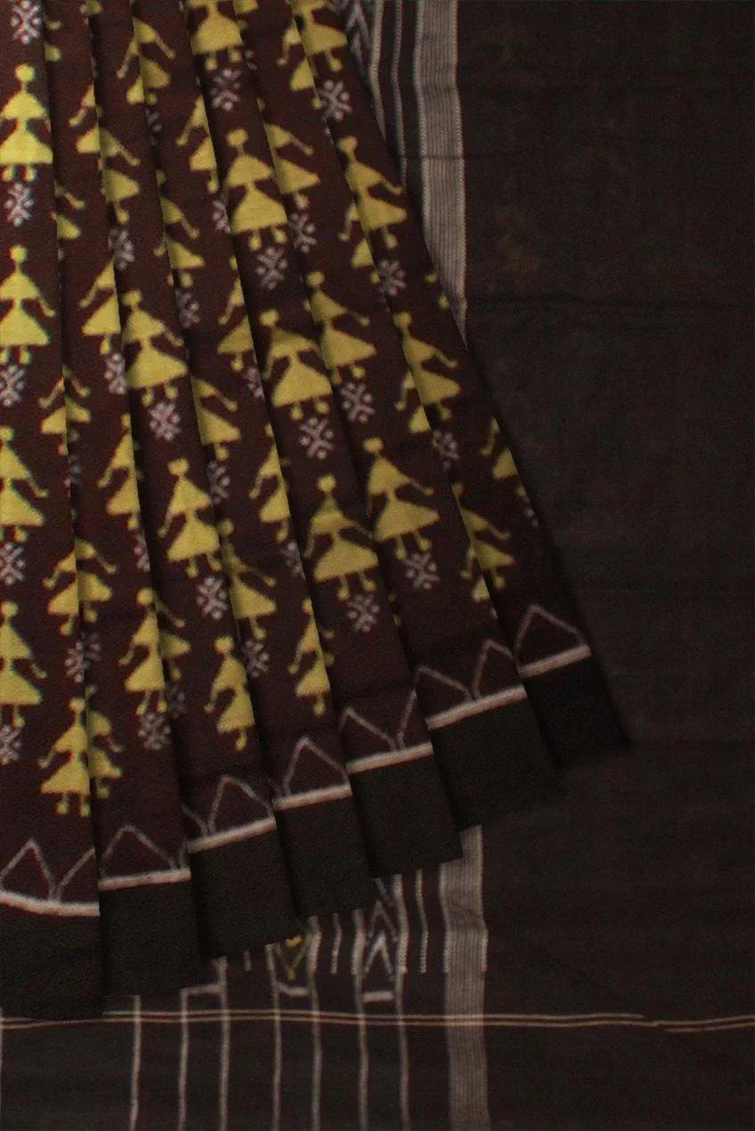 Brown color doll print Sambalpuri Cotton saree with blouse piece. - Koshali Arts & Crafts Enterprise