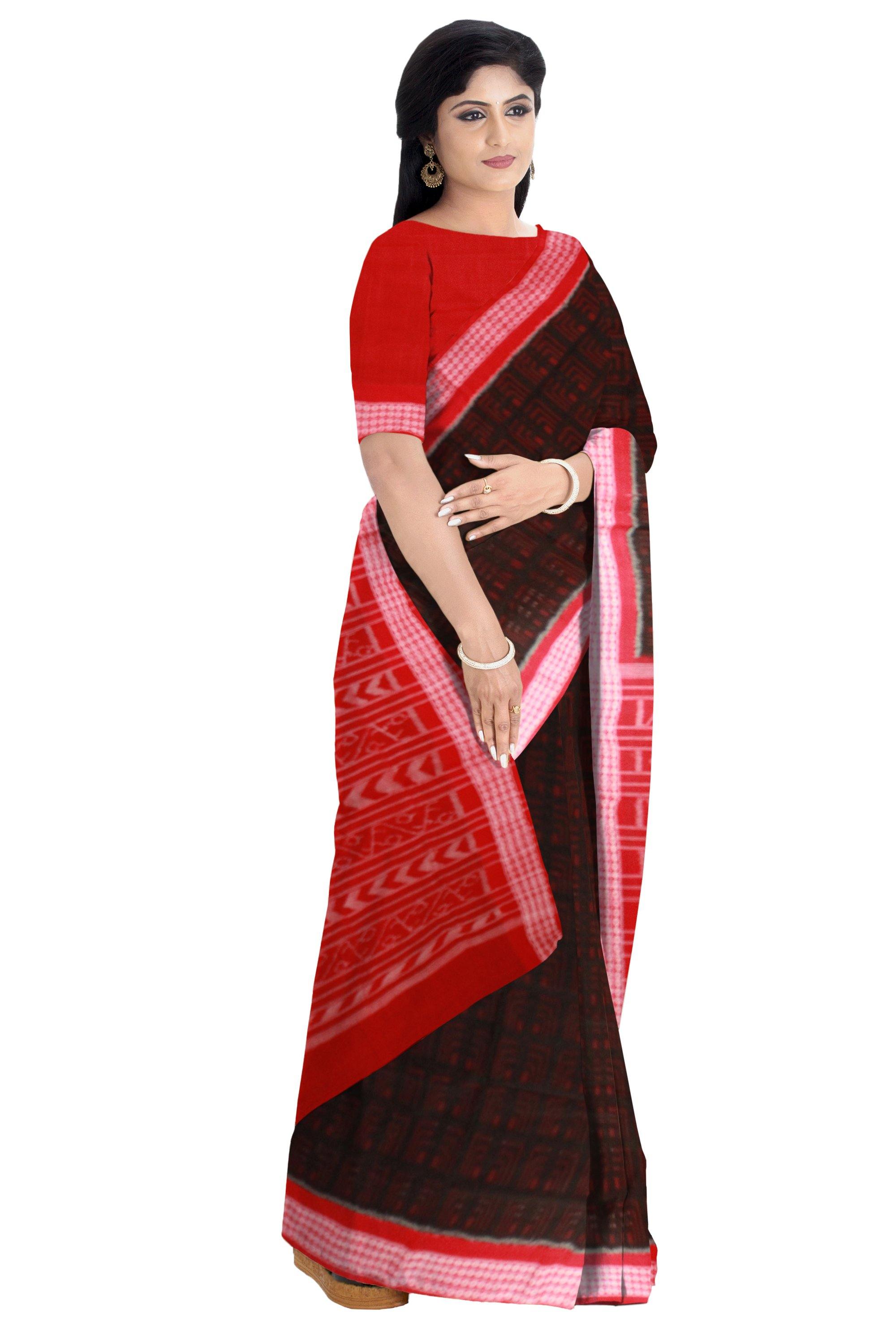 Black color box pattern Sambalpuri cotton saree with blouse piece. - Koshali Arts & Crafts Enterprise