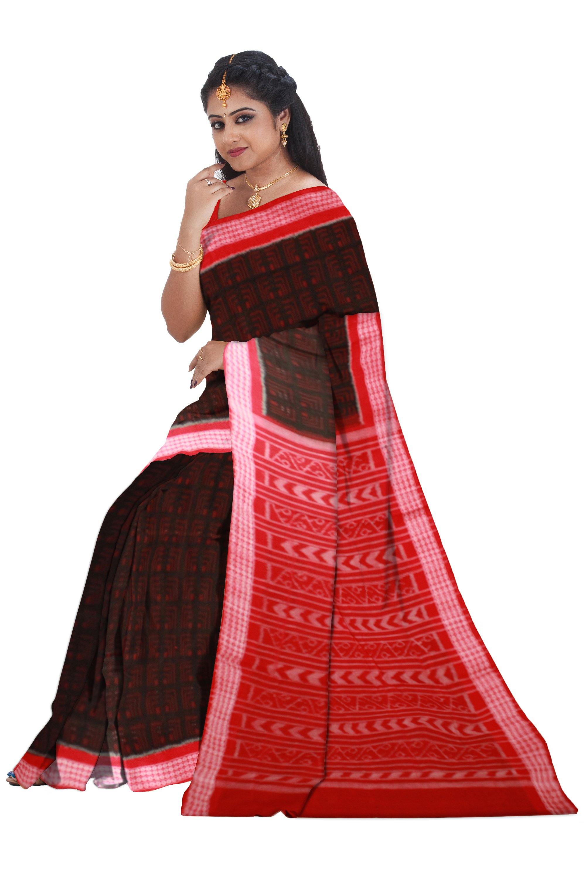 Black color box pattern Sambalpuri cotton saree with blouse piece. - Koshali Arts & Crafts Enterprise