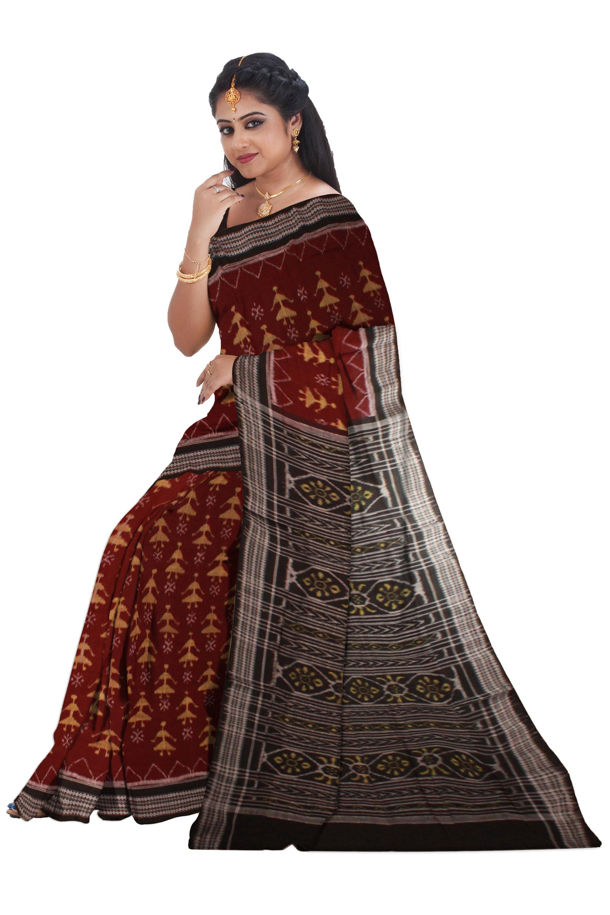 Brown color doll print Sambalpuri Cotton saree with blouse piece. - Koshali Arts & Crafts Enterprise