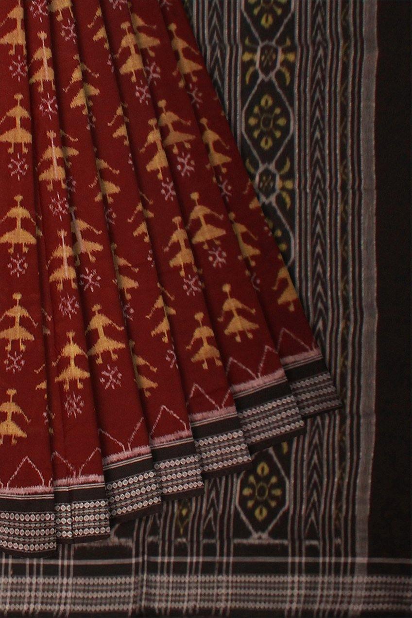 Brown color doll print Sambalpuri Cotton saree with blouse piece. - Koshali Arts & Crafts Enterprise