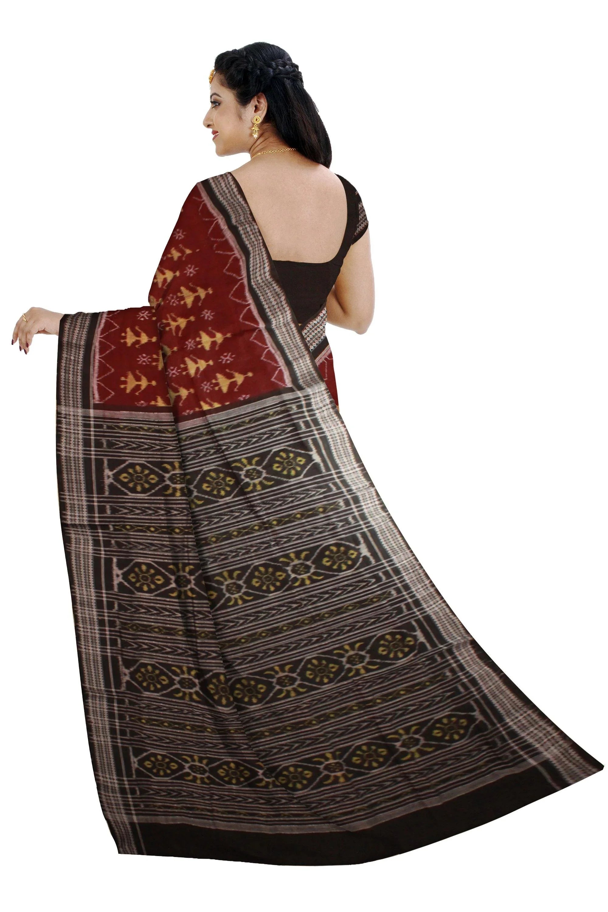 Brown color doll print Sambalpuri Cotton saree with blouse piece. - Koshali Arts & Crafts Enterprise